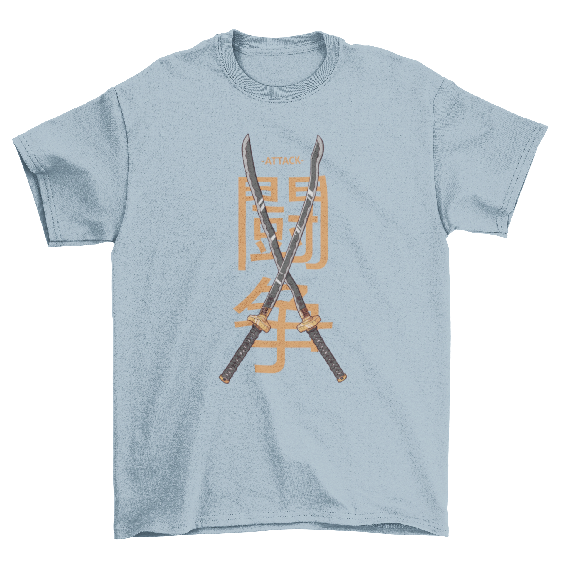Double Japanese Swords T-Shirt featuring crossed katana swords and kanji for 'Fight', showcasing a unique martial arts design.