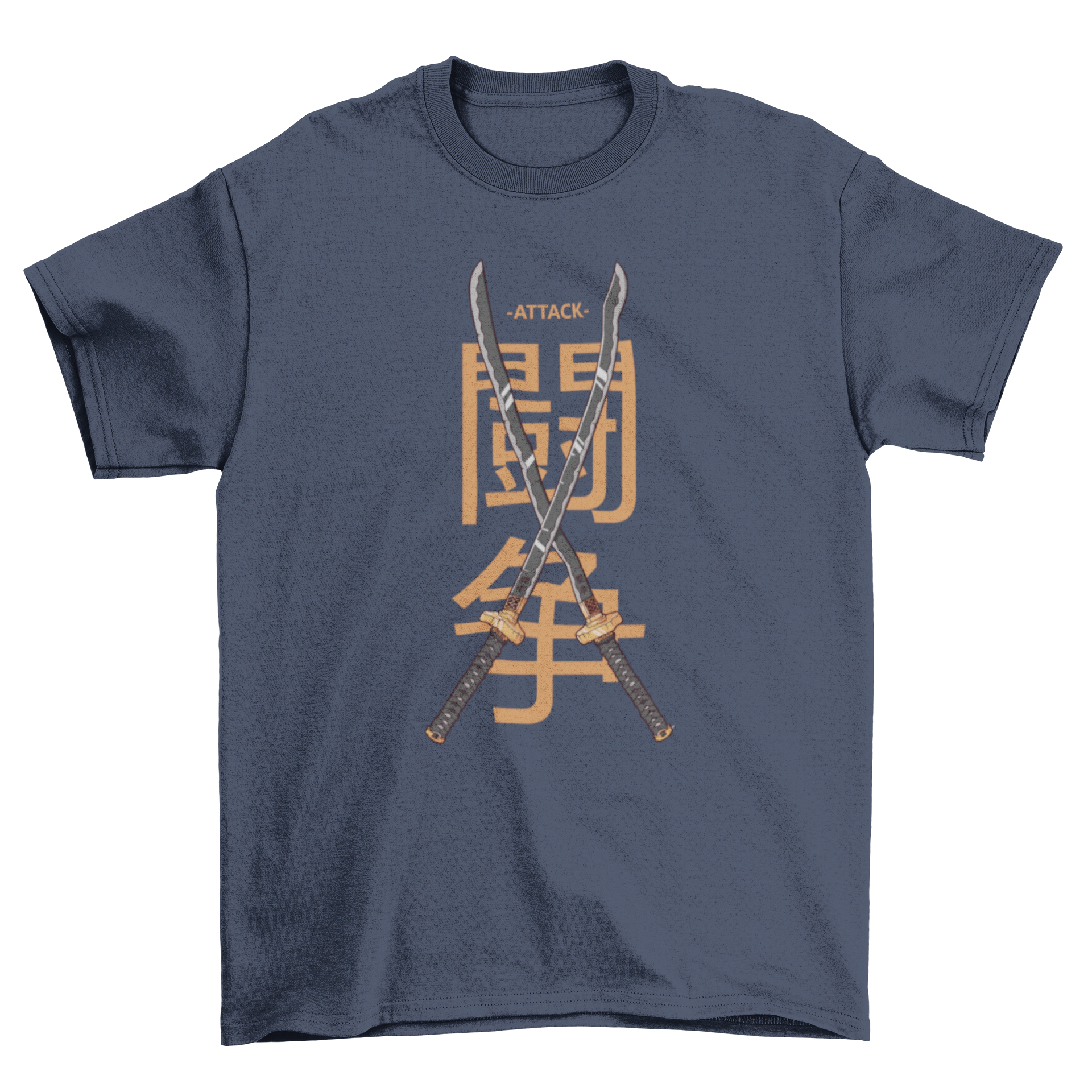 Double Japanese Swords T-Shirt featuring crossed katana swords and kanji for 'Fight', showcasing a unique martial arts design.