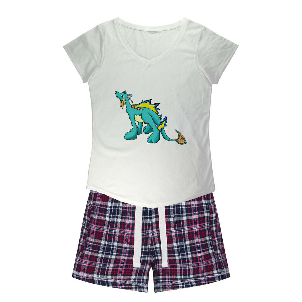 Doudro Women's Sleepy Tee and Flannel Short set featuring a relaxed fit T-shirt and colorful flannel shorts, perfect for cozy nights.