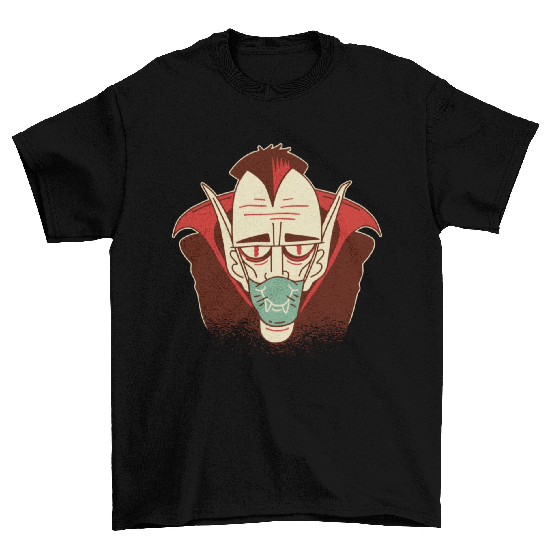 A stylish t-shirt featuring an illustration of Dracula wearing a face mask, perfect for Halloween and casual wear.