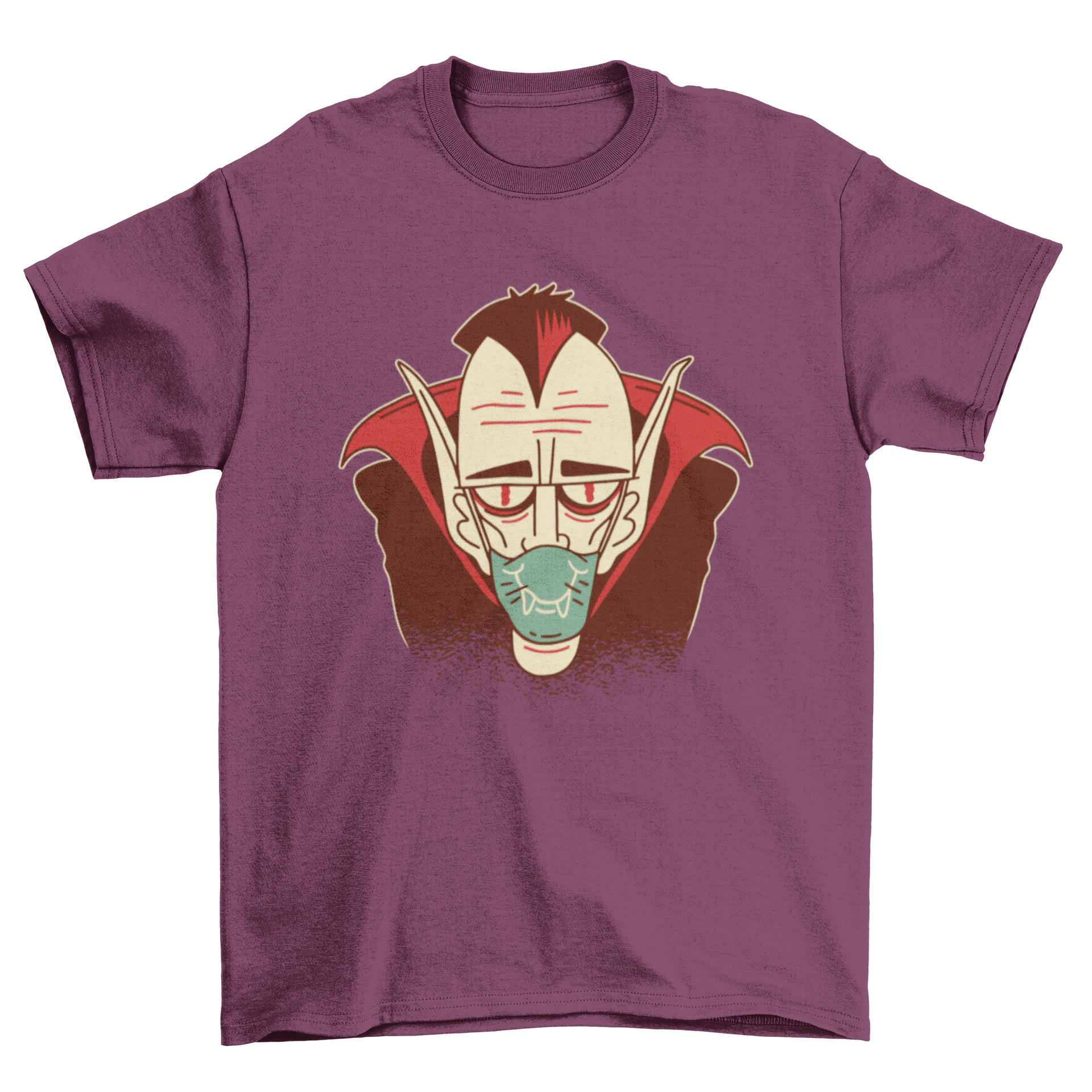 A stylish t-shirt featuring an illustration of Dracula wearing a face mask, perfect for Halloween and casual wear.