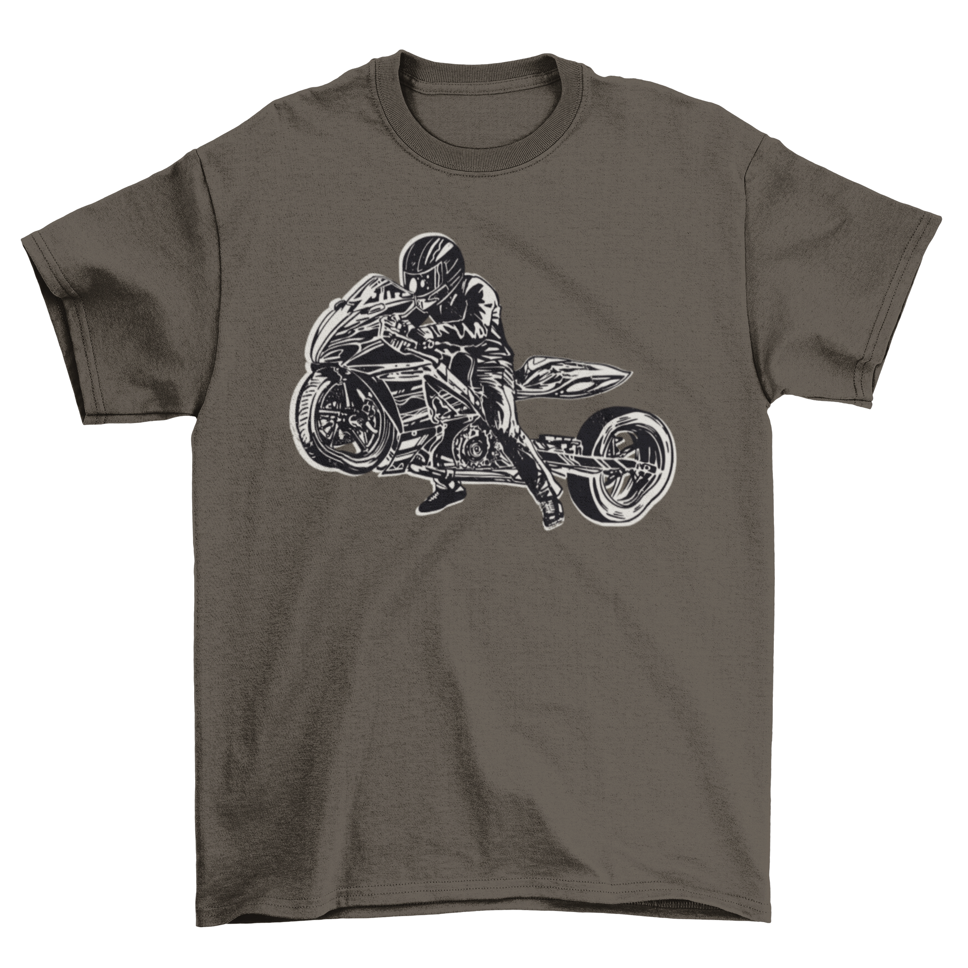 A stylish drag bike t-shirt featuring a dynamic graphic of a motorcycle and rider, perfect for bike enthusiasts.
