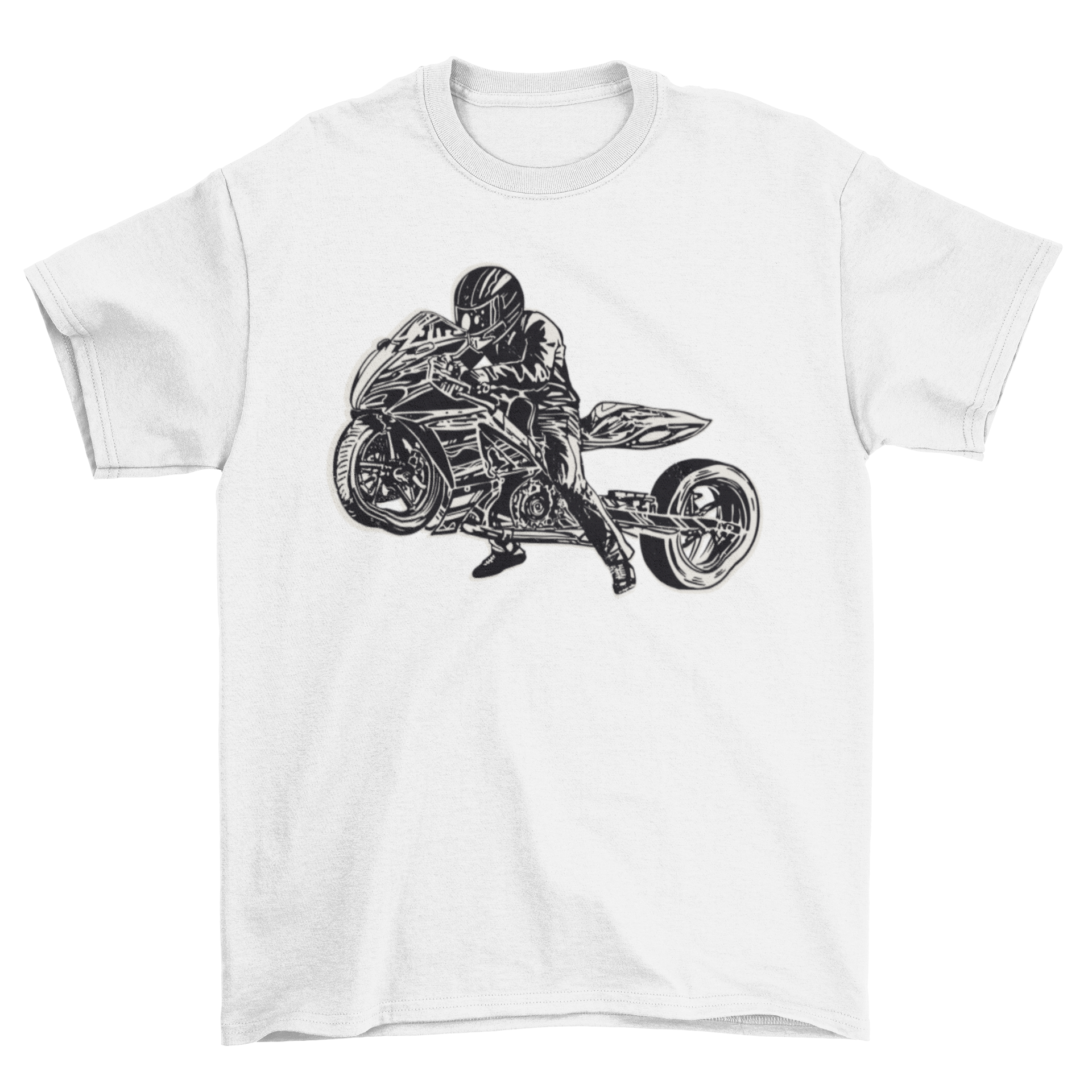 A stylish drag bike t-shirt featuring a dynamic graphic of a motorcycle and rider, perfect for bike enthusiasts.