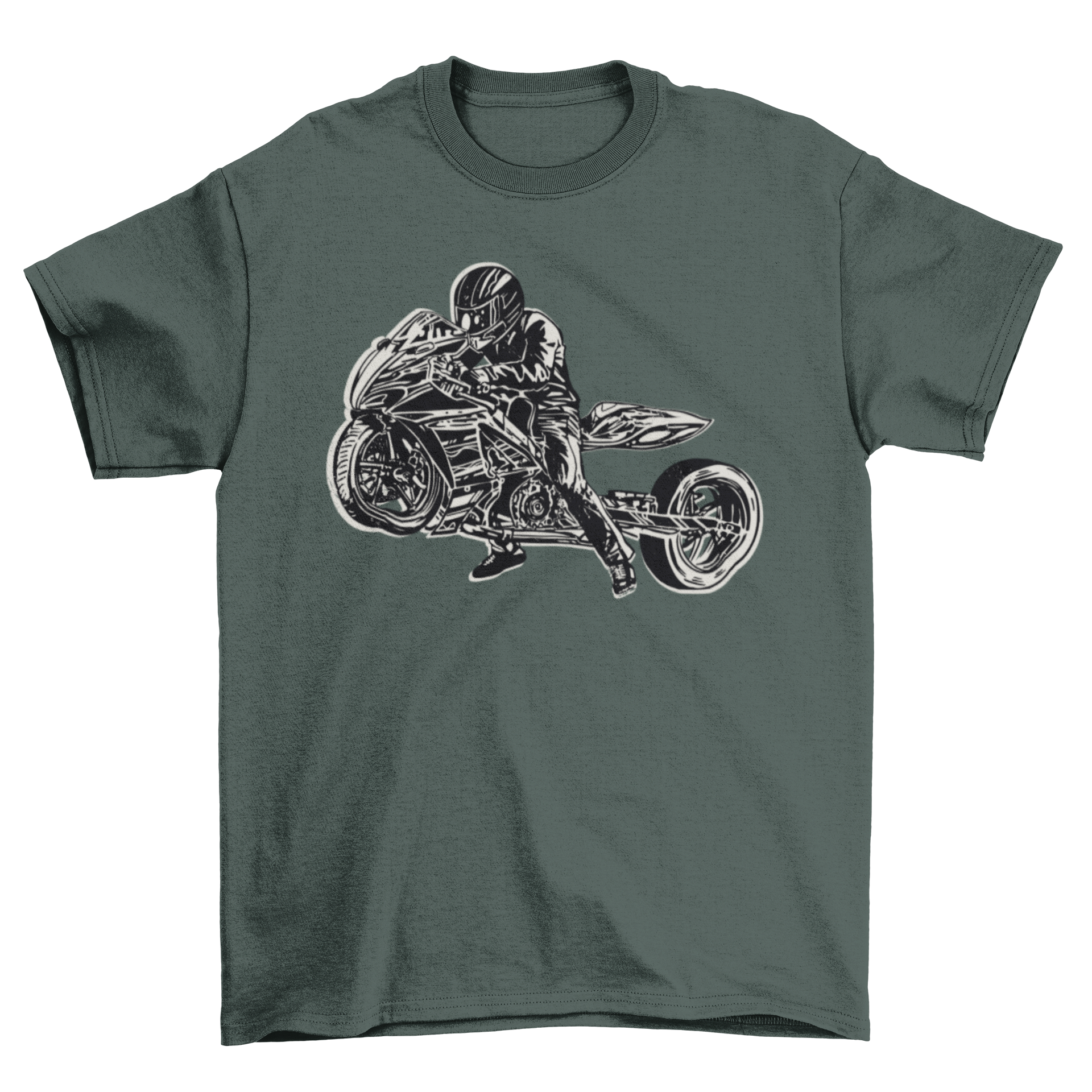 A stylish drag bike t-shirt featuring a dynamic graphic of a motorcycle and rider, perfect for bike enthusiasts.