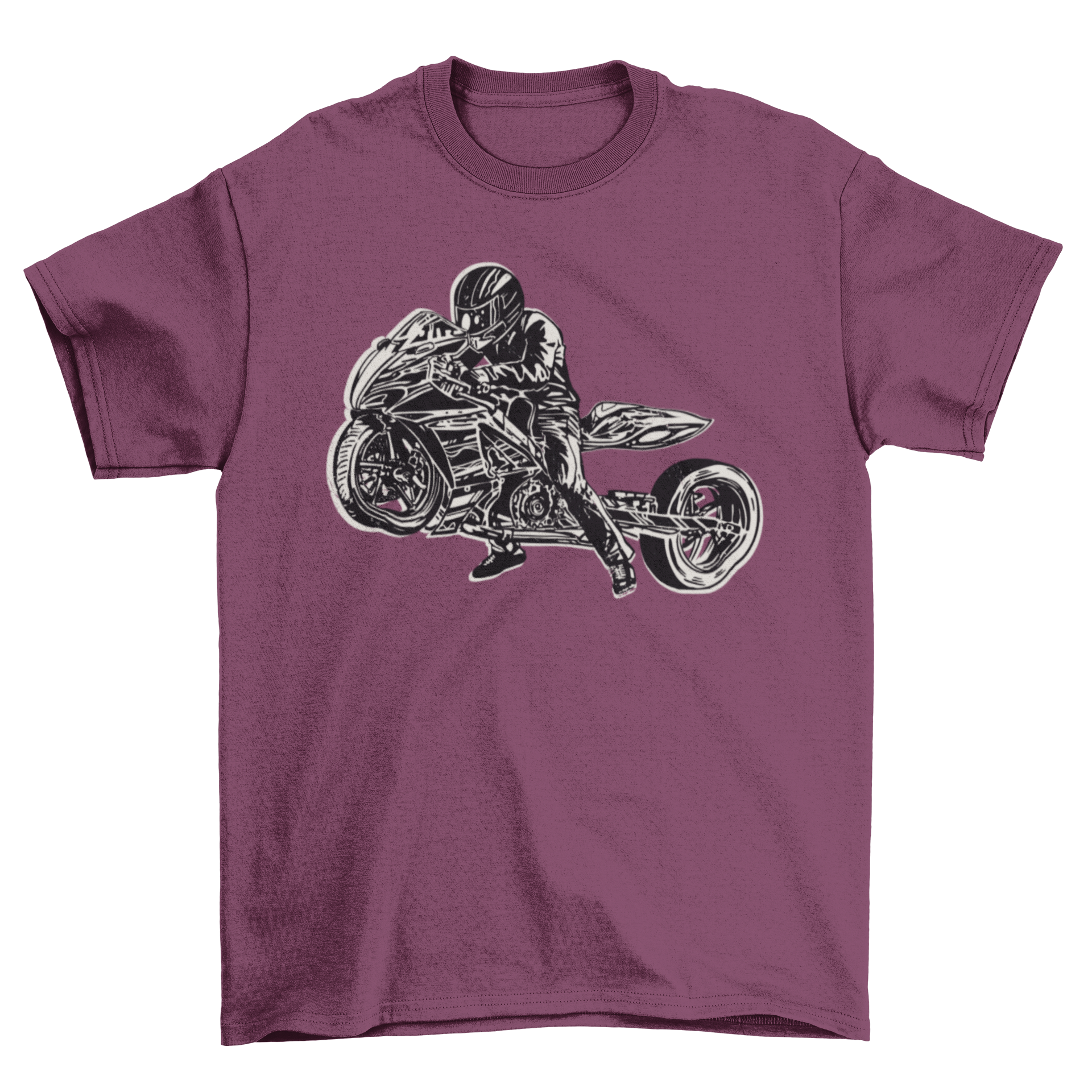 A stylish drag bike t-shirt featuring a dynamic graphic of a motorcycle and rider, perfect for bike enthusiasts.