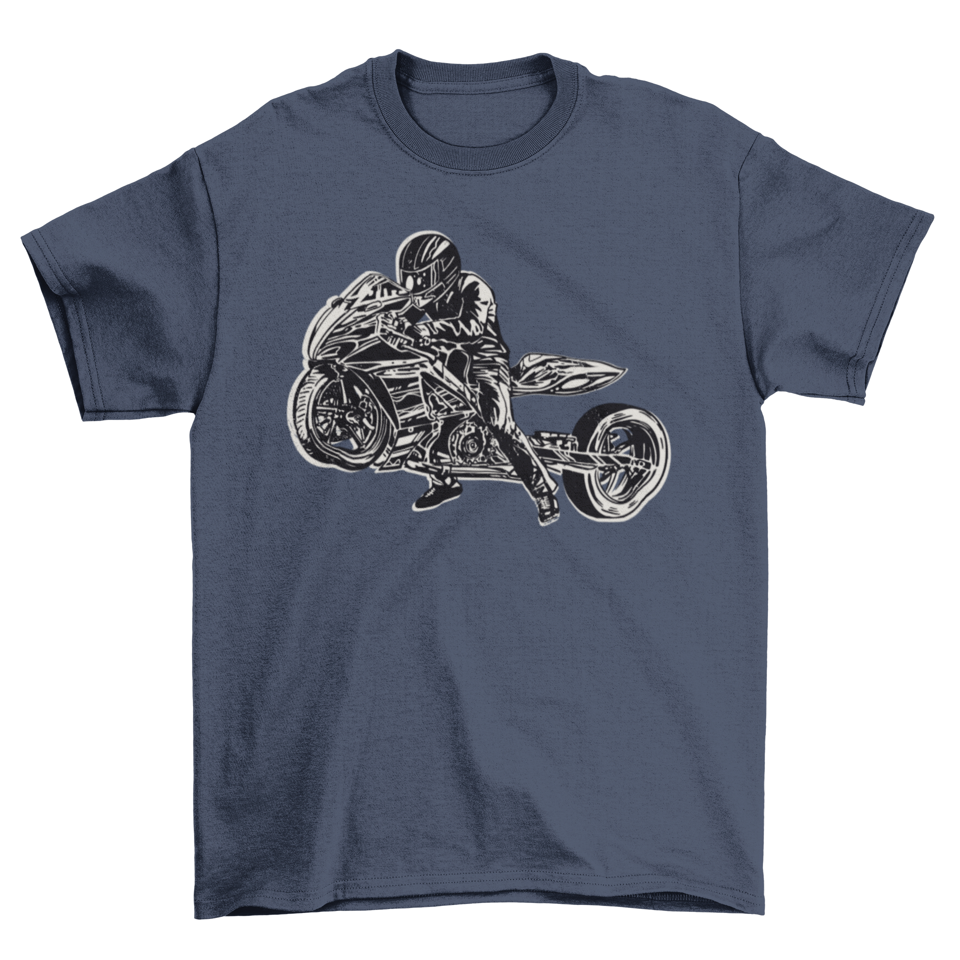A stylish drag bike t-shirt featuring a dynamic graphic of a motorcycle and rider, perfect for bike enthusiasts.