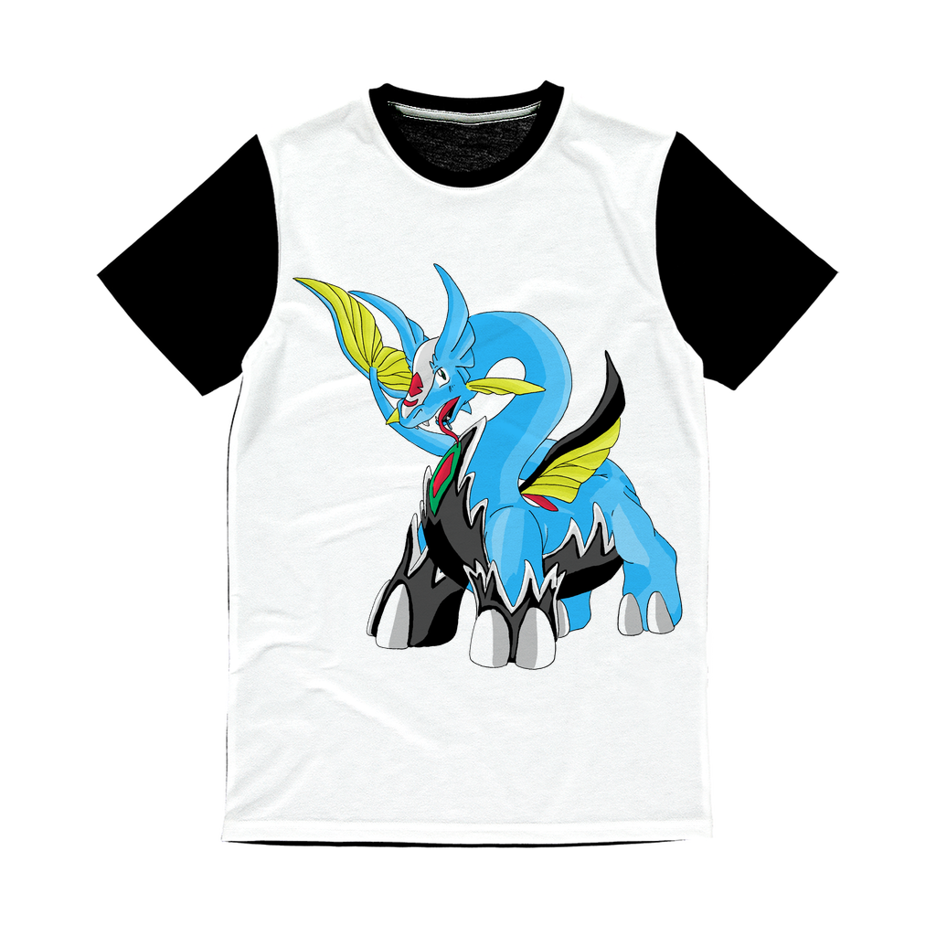 Dragigas Classic Sublimation Panel T-Shirt featuring a vibrant front design and a plain black back, ideal for custom printing.