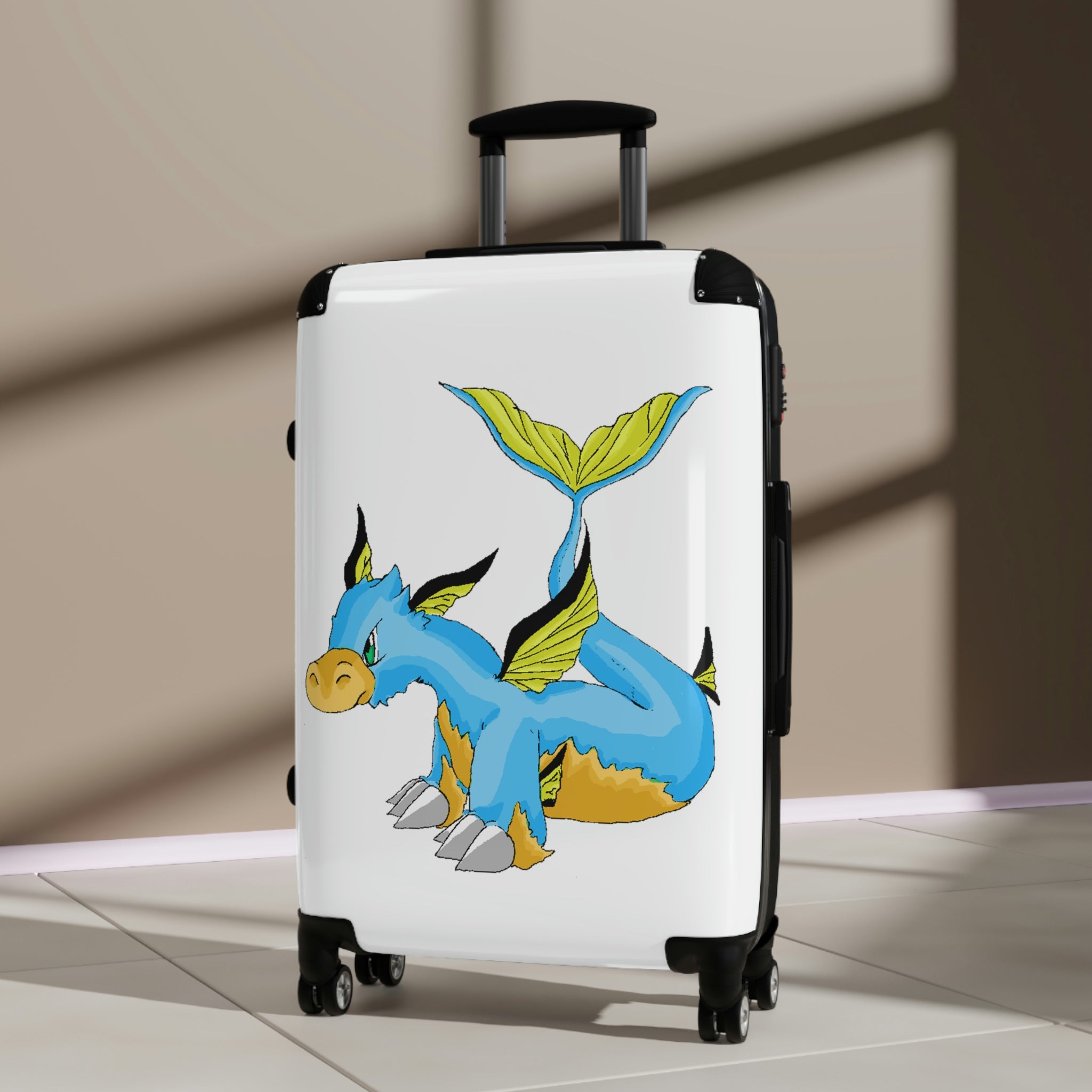 Drago Cabin Suitcase featuring a personalized design, durable hard-shell, and adjustable handle, ideal for stylish travel.