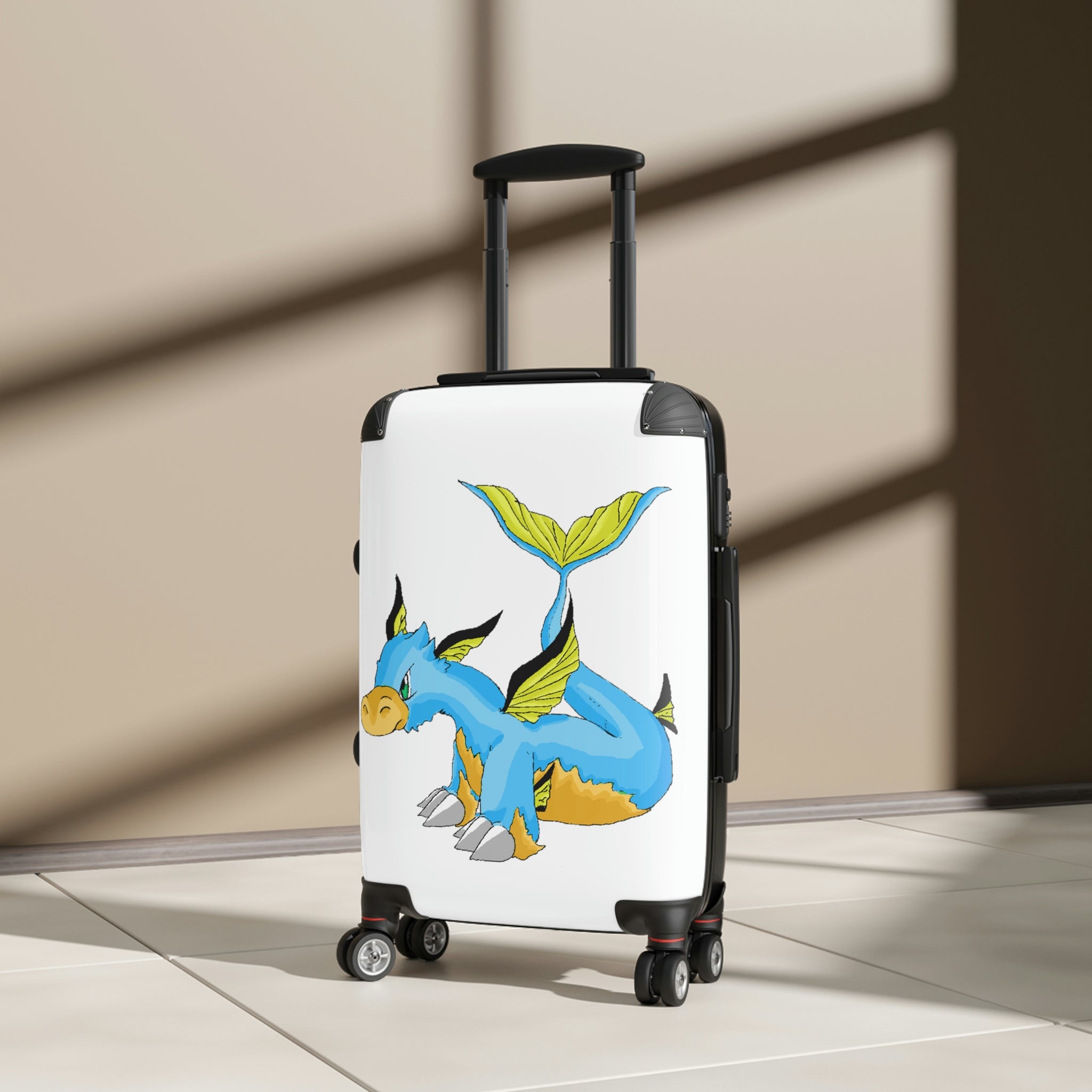 Drago Cabin Suitcase featuring a personalized design, durable hard-shell, and adjustable handle, ideal for stylish travel.