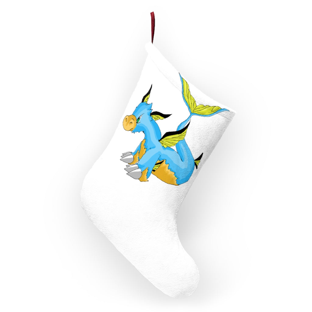 A cozy Drago Christmas Stocking made of soft polyester fleece, featuring a festive design and a twill ribbon hanging loop.