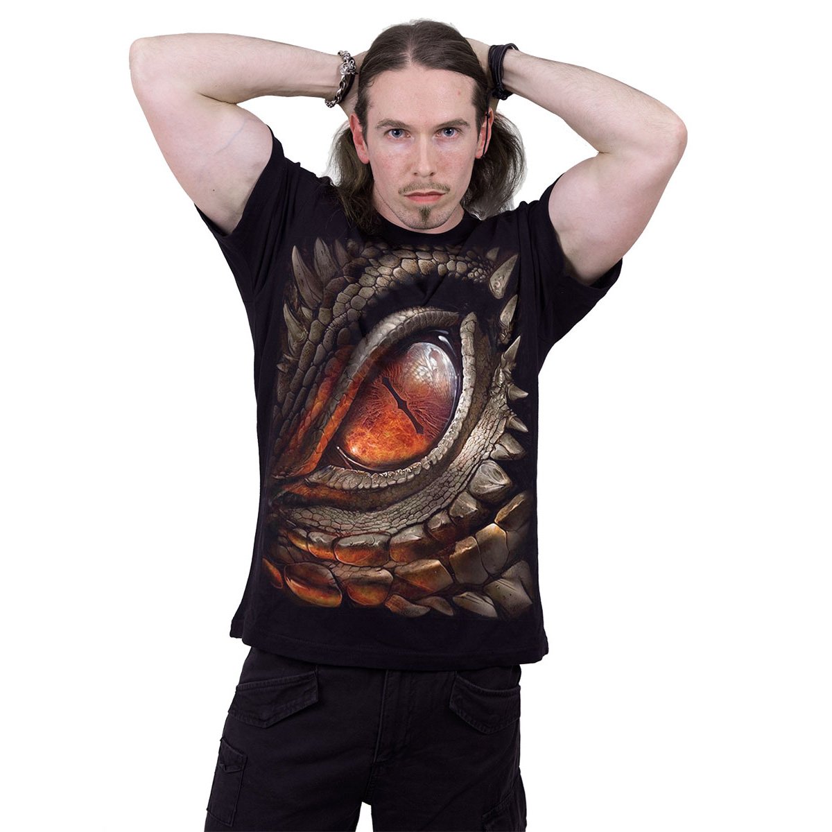 Black DRAGON EYE T-Shirt featuring a fierce dragon eye graphic, made from 100% cotton for comfort.