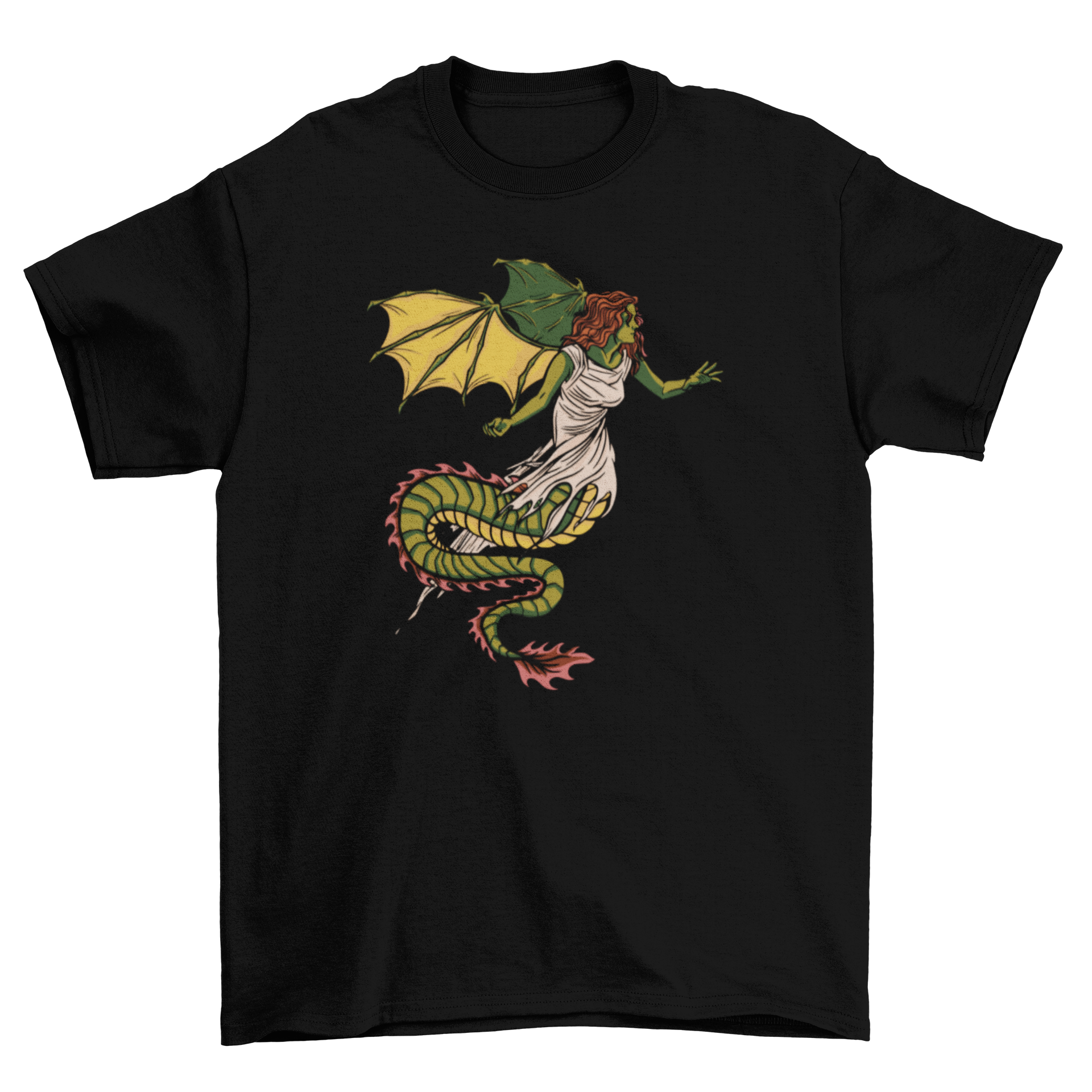 A stylish t-shirt featuring a fierce dragon girl design, showcasing vibrant colors and intricate details.