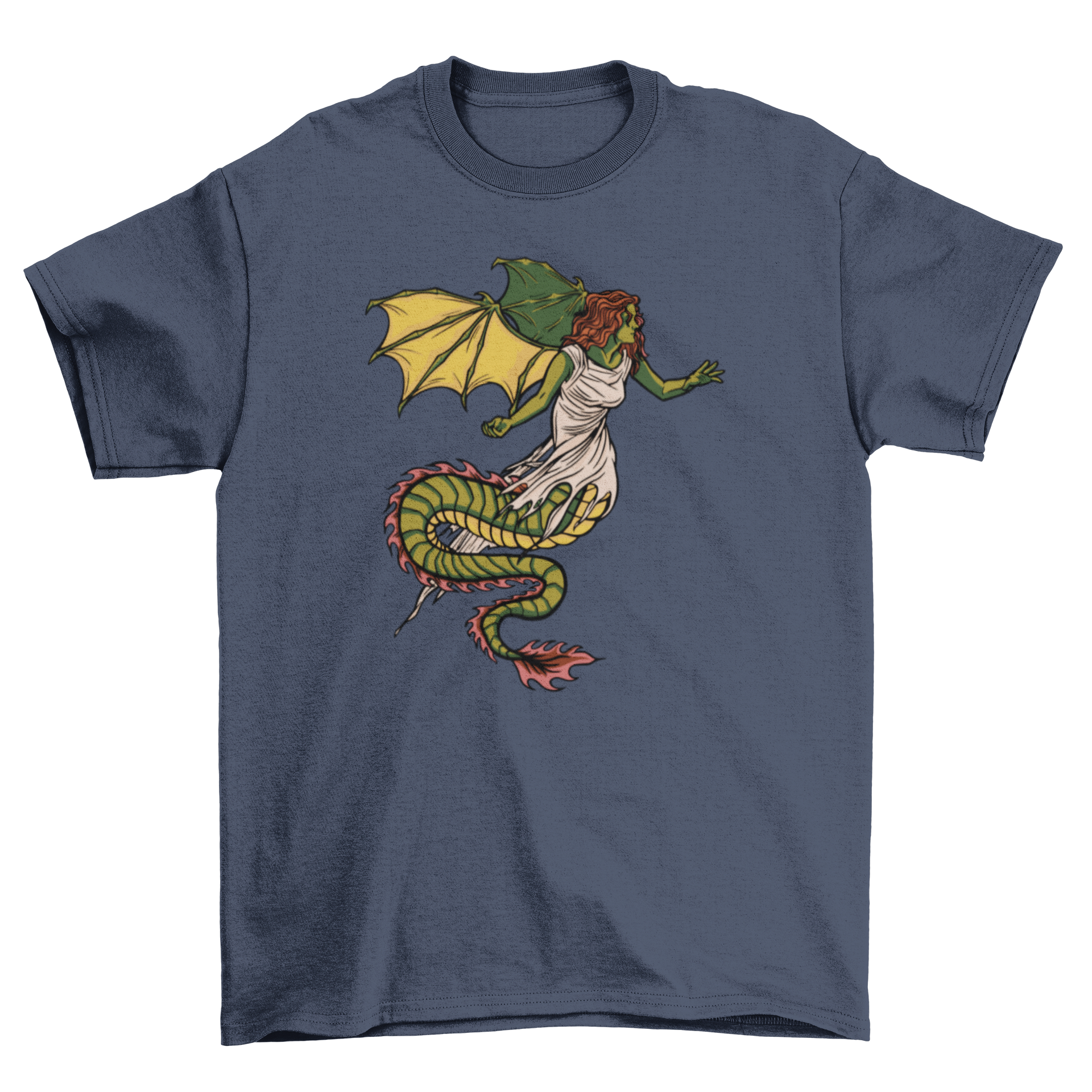 A stylish t-shirt featuring a fierce dragon girl design, showcasing vibrant colors and intricate details.