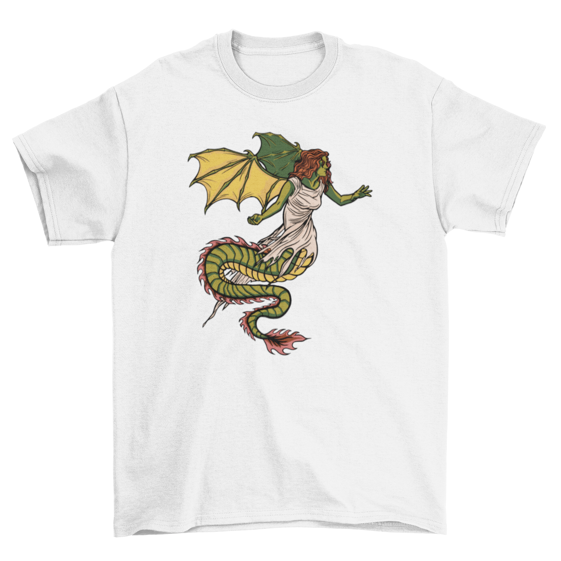 A stylish t-shirt featuring a fierce dragon girl design, showcasing vibrant colors and intricate details.