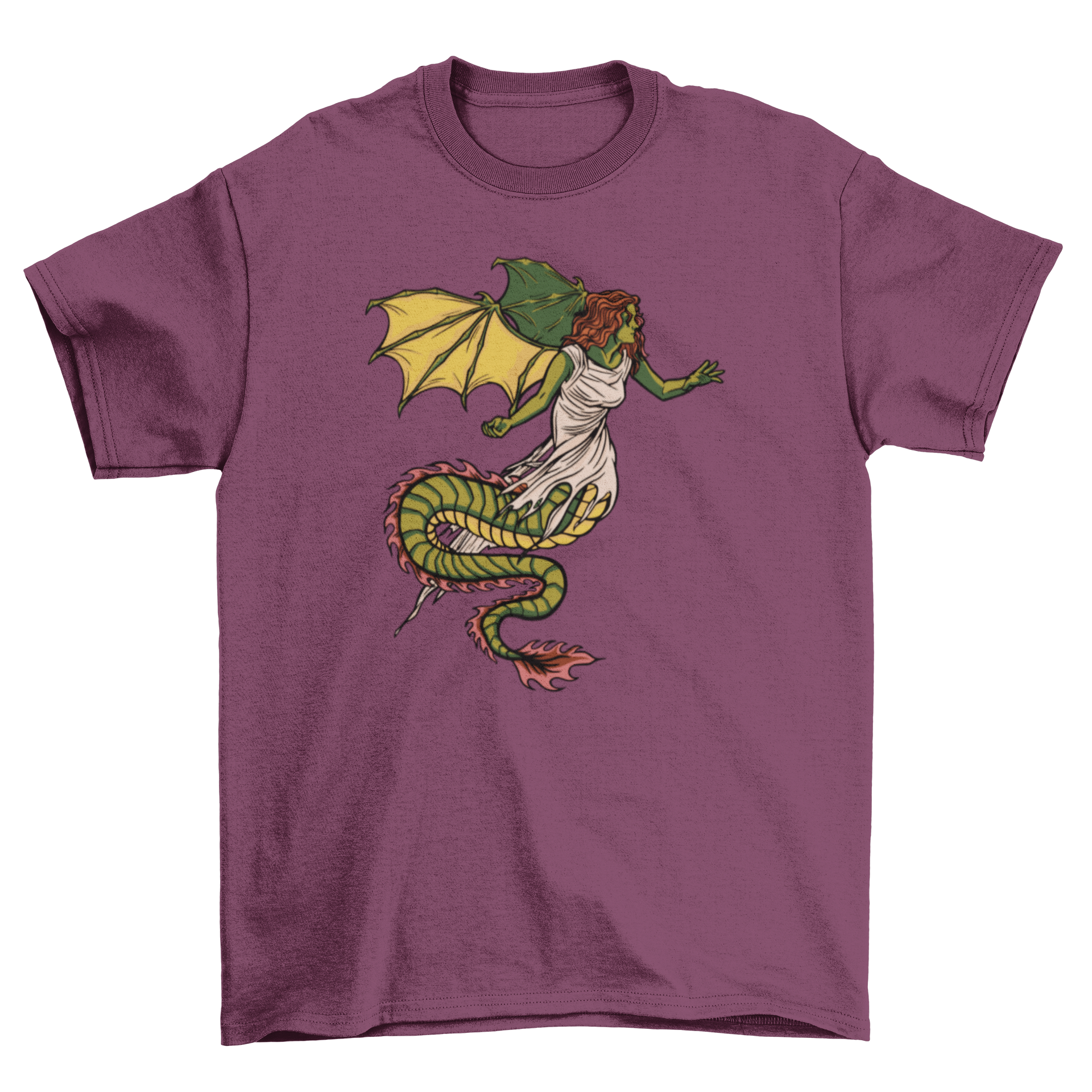 A stylish t-shirt featuring a fierce dragon girl design, showcasing vibrant colors and intricate details.
