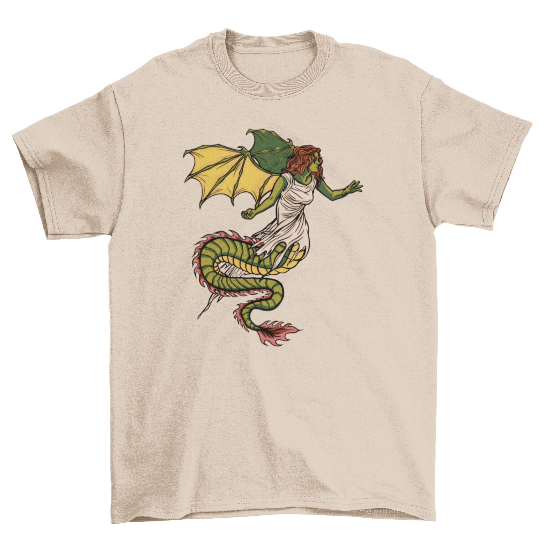 A stylish t-shirt featuring a fierce dragon girl design, showcasing vibrant colors and intricate details.