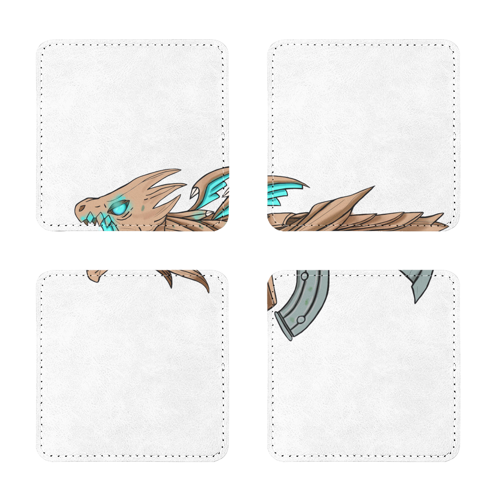 Four Dragon Gun sublimation coasters made of PU leather, featuring intricate designs and a plain back, perfect for protecting furniture.