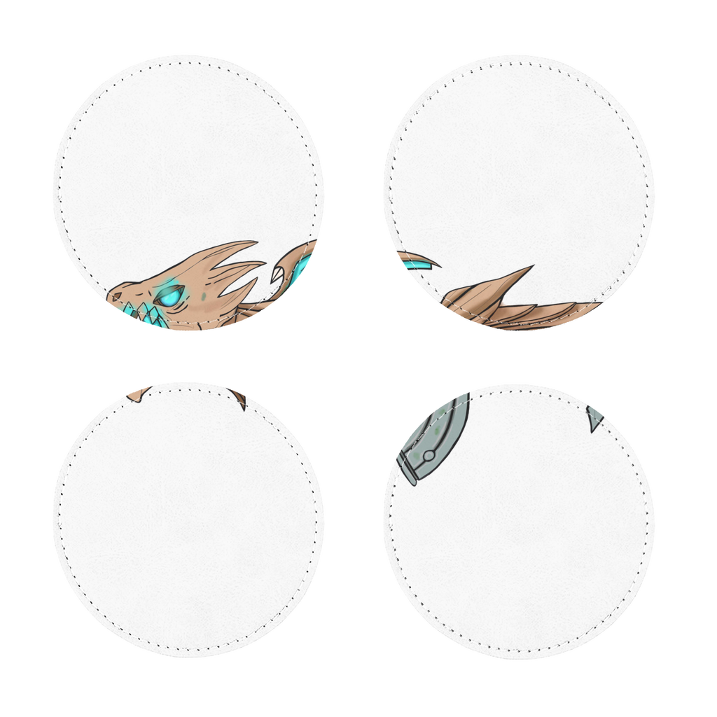 Four Dragon Gun sublimation coasters made of PU leather, featuring intricate designs and a plain back, perfect for protecting furniture.