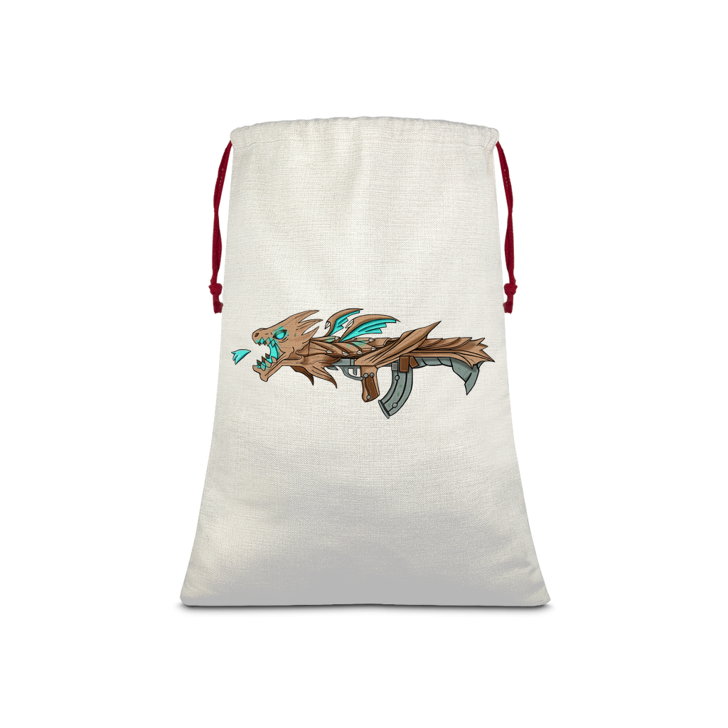 Dragon Gun Sublimation Linen Drawstring Sack with red drawstring, featuring vibrant sublimation print, ideal for Christmas gifts and laundry.