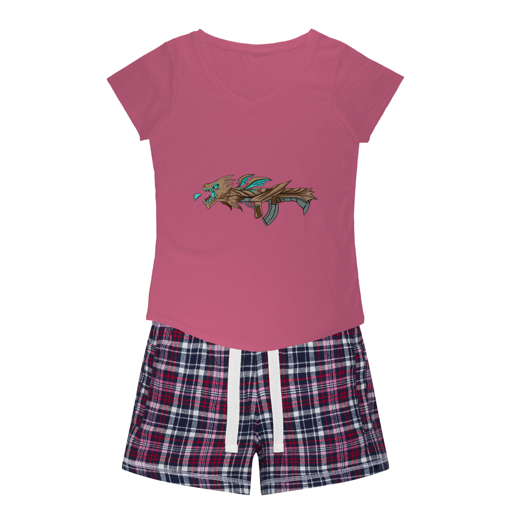 Dragon Gun Women's Sleepy Tee and Flannel Short set featuring a relaxed fit T-shirt and vibrant flannel shorts, perfect for cozy nights.