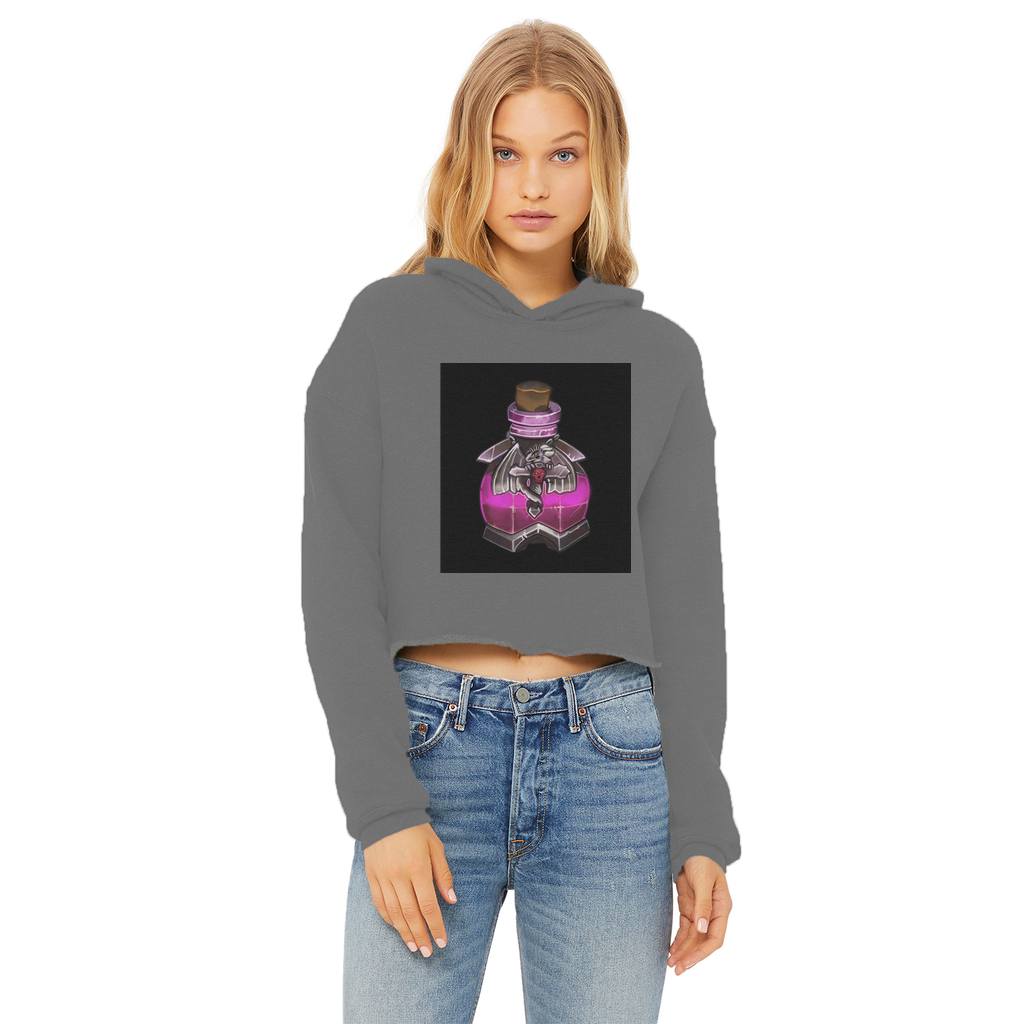 Dragon Potion Ladies Cropped Raw Edge Hoodie in various colors, showcasing its stylish design and raw edge hem.