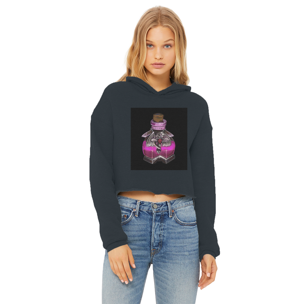Dragon Potion Ladies Cropped Raw Edge Hoodie in various colors, showcasing its stylish design and raw edge hem.