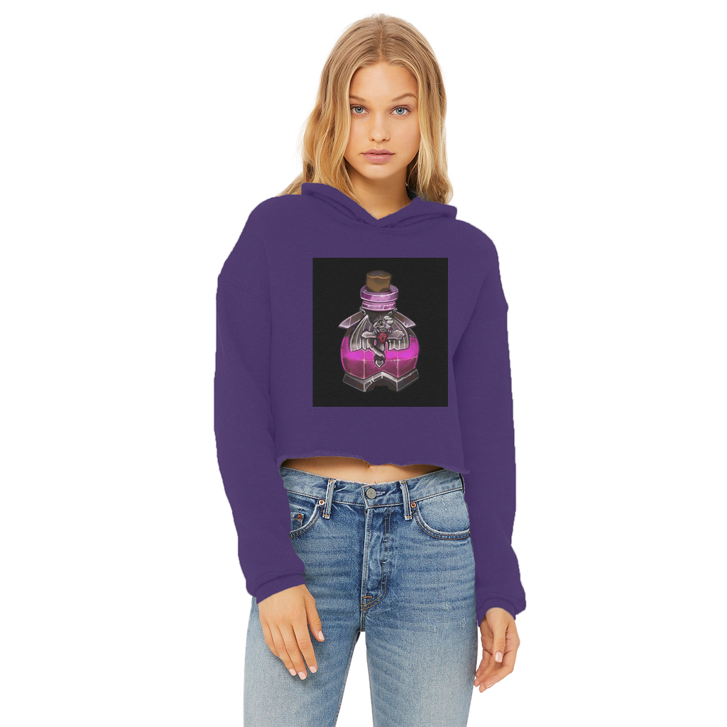 Dragon Potion Ladies Cropped Raw Edge Hoodie in various colors, showcasing its stylish design and raw edge hem.