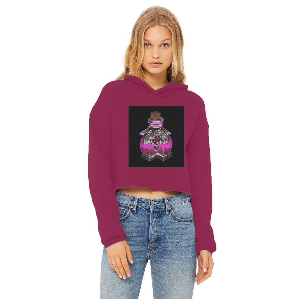 Dragon Potion Ladies Cropped Raw Edge Hoodie in various colors, showcasing its stylish design and raw edge hem.