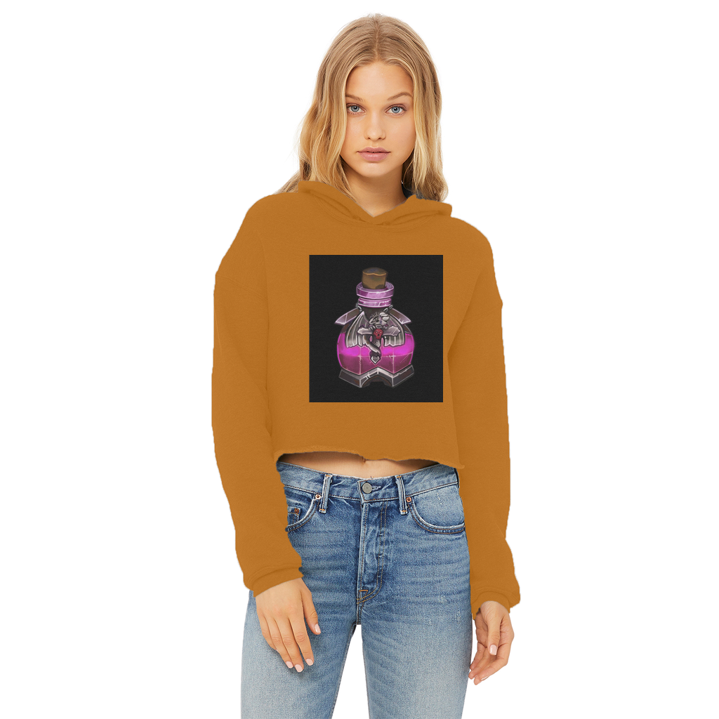 Dragon Potion Ladies Cropped Raw Edge Hoodie in various colors, showcasing its stylish design and raw edge hem.