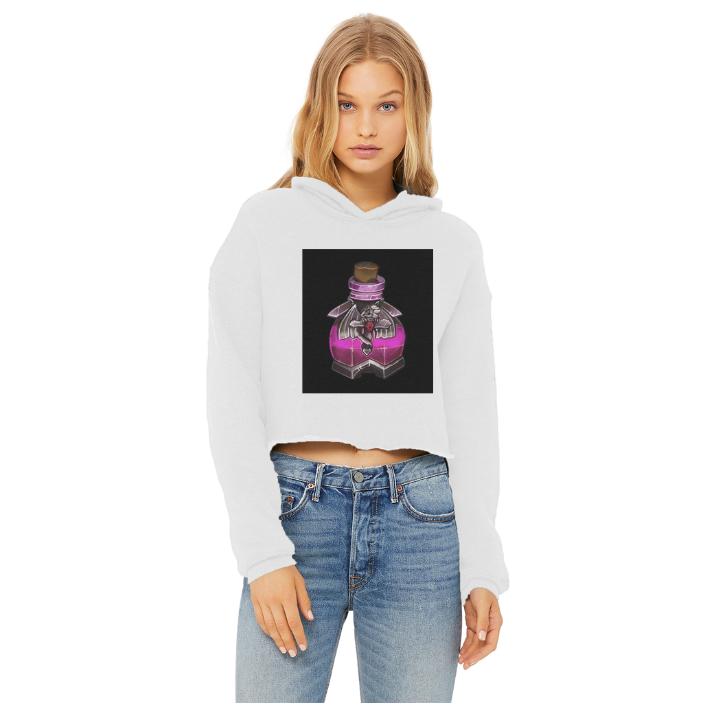 Dragon Potion Ladies Cropped Raw Edge Hoodie in various colors, showcasing its stylish design and raw edge hem.
