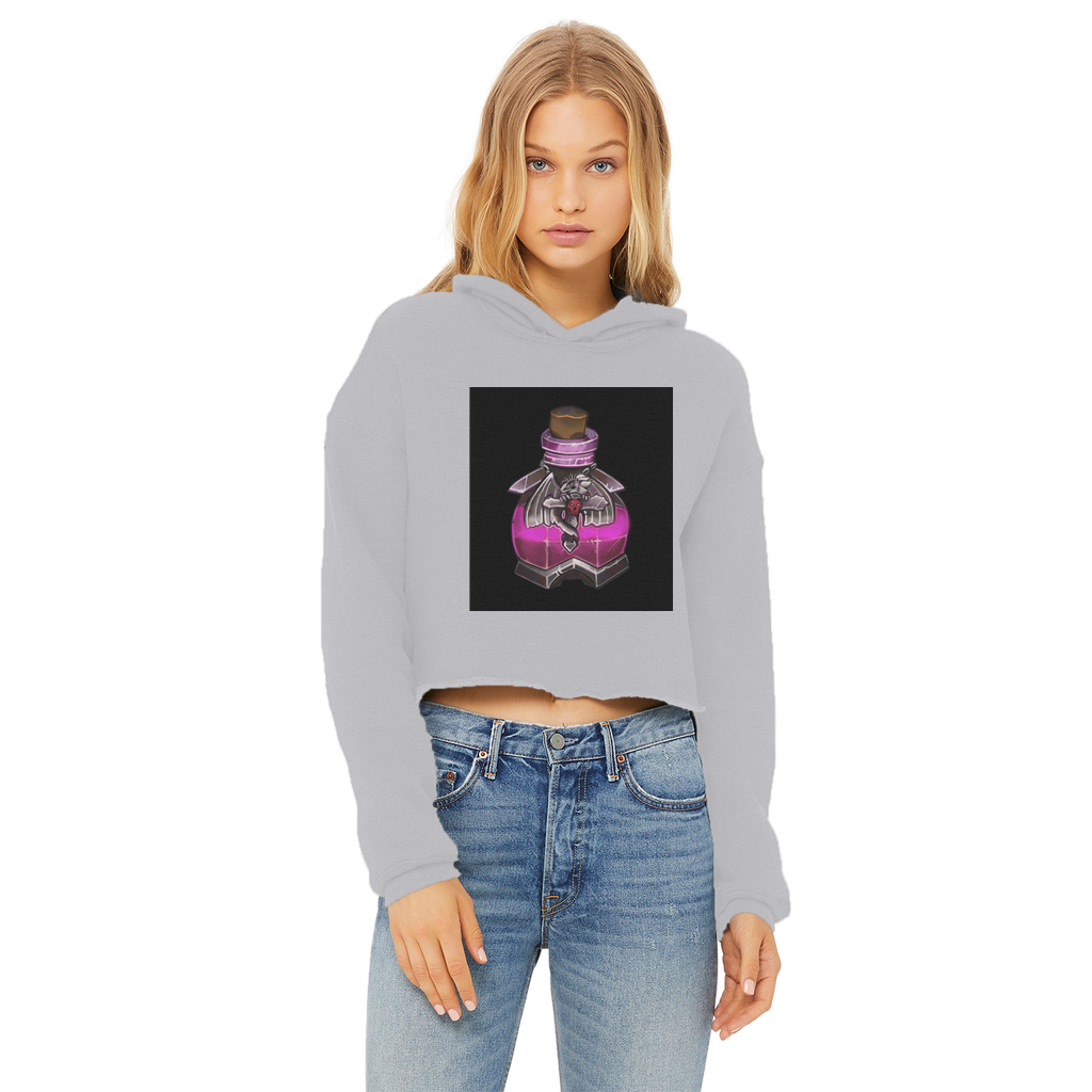 Dragon Potion Ladies Cropped Raw Edge Hoodie in various colors, showcasing its stylish design and raw edge hem.