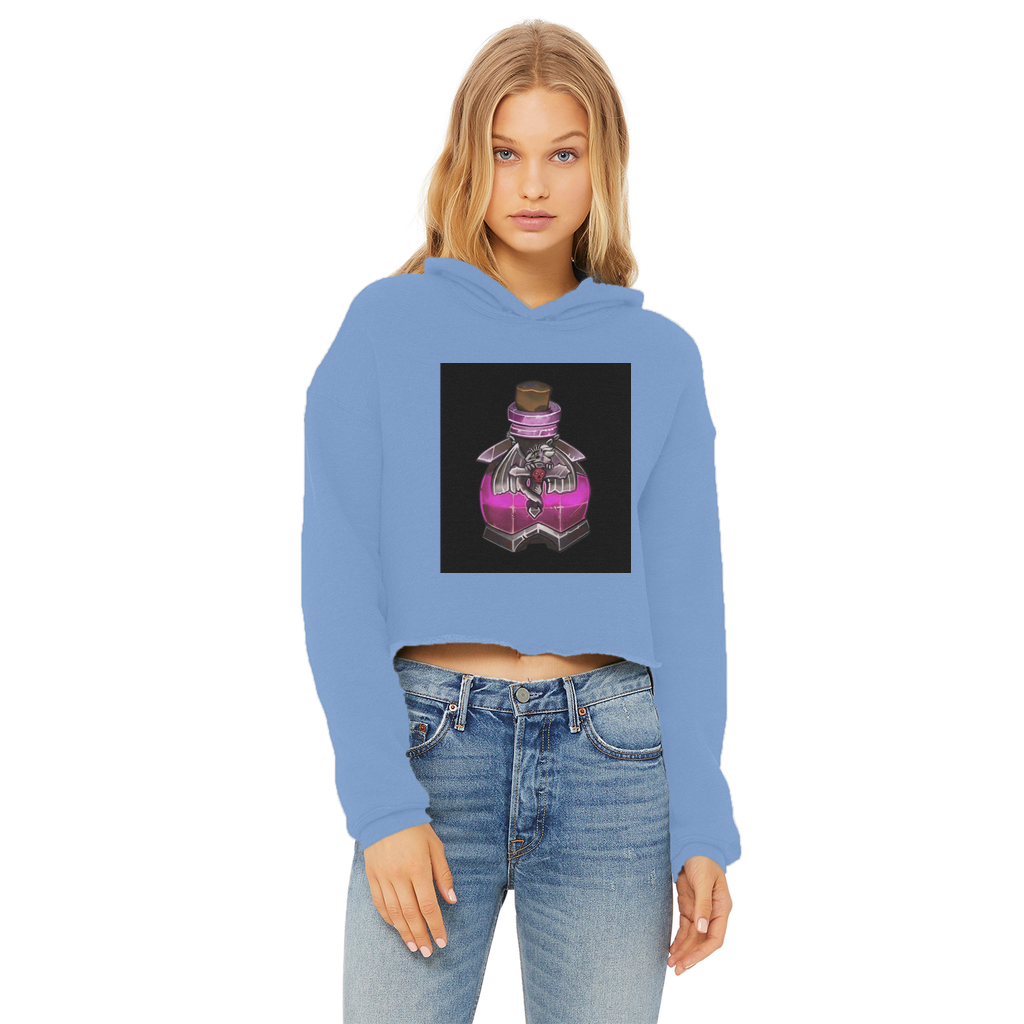 Dragon Potion Ladies Cropped Raw Edge Hoodie in various colors, showcasing its stylish design and raw edge hem.