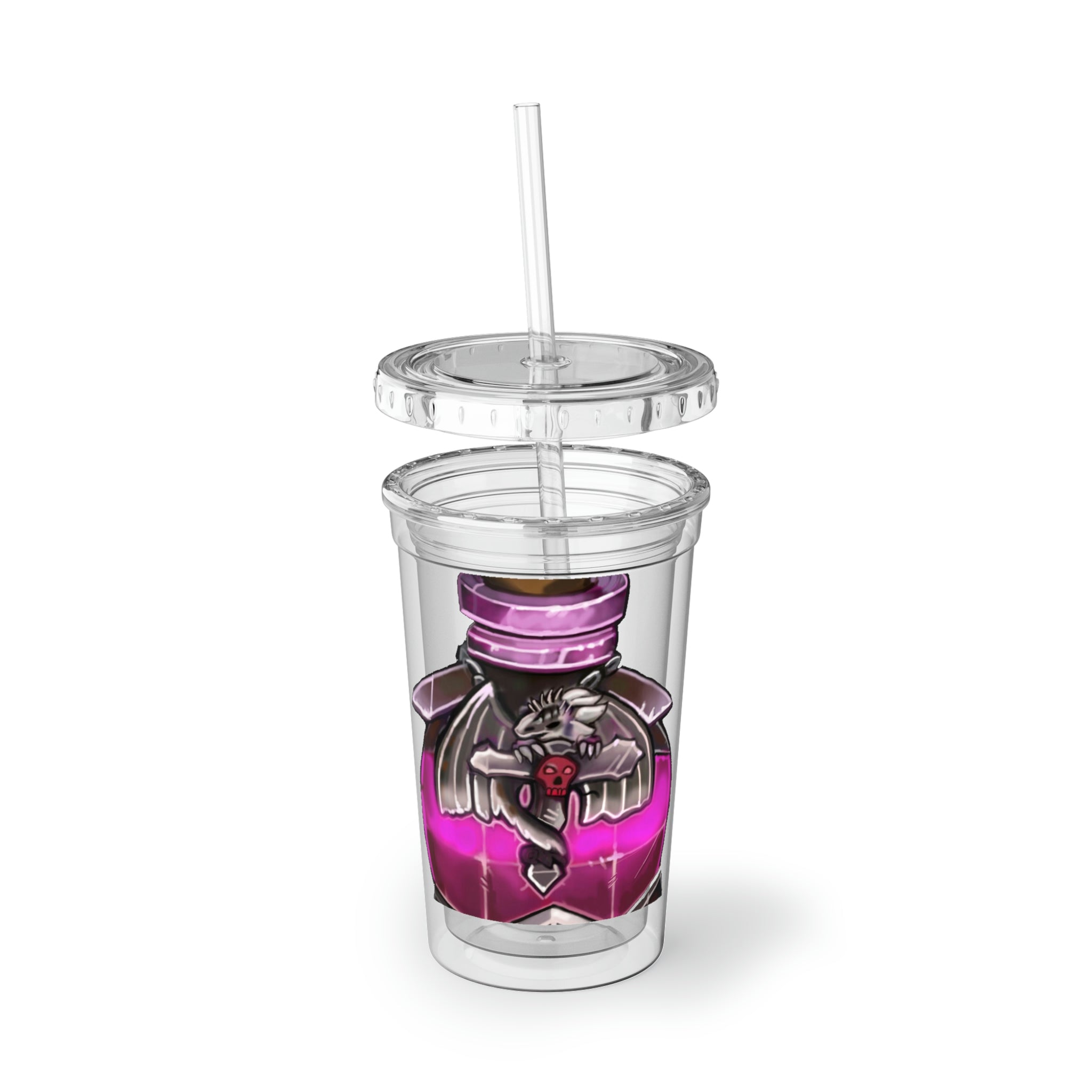 Dragon Potion Suave Acrylic Cup with double-wall insulation, featuring a vibrant design and a plastic lid with a straw.