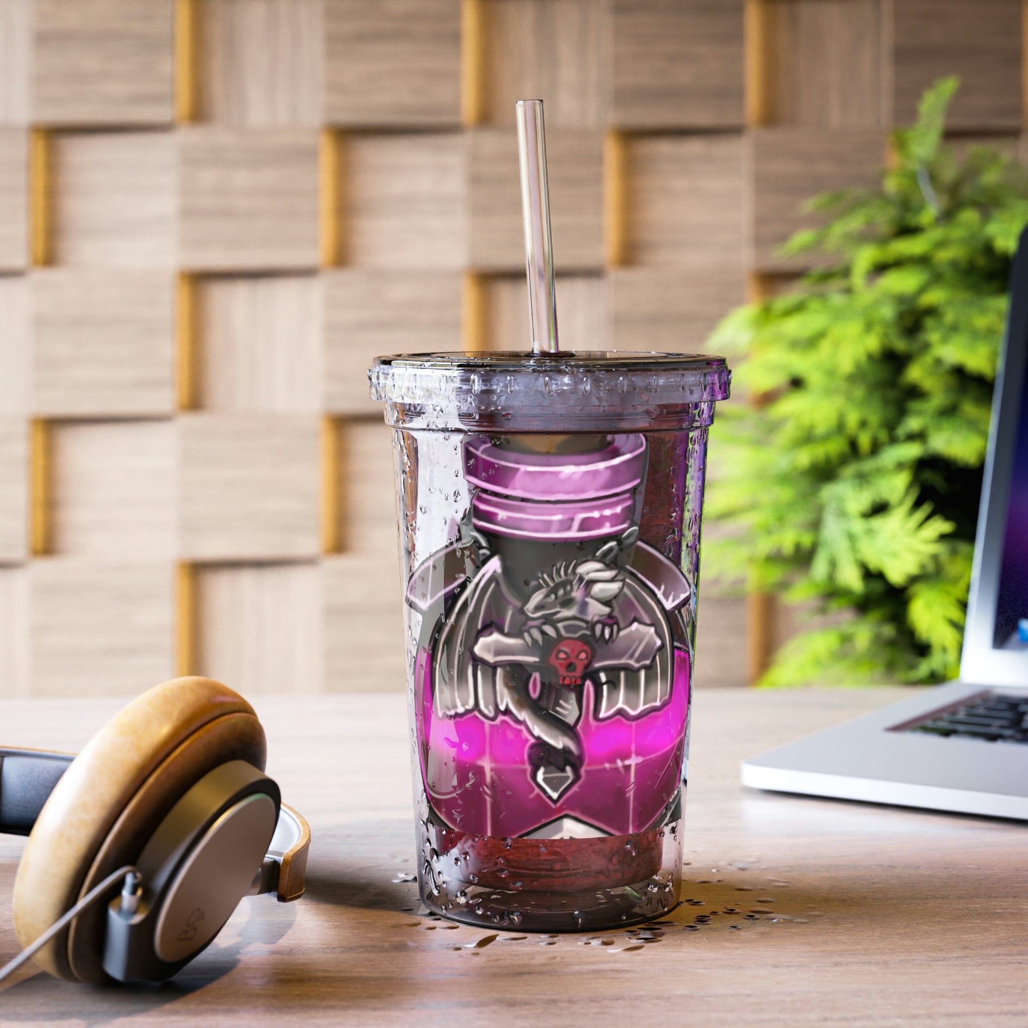 Dragon Potion Suave Acrylic Cup with double-wall insulation, featuring a vibrant design and a plastic lid with a straw.