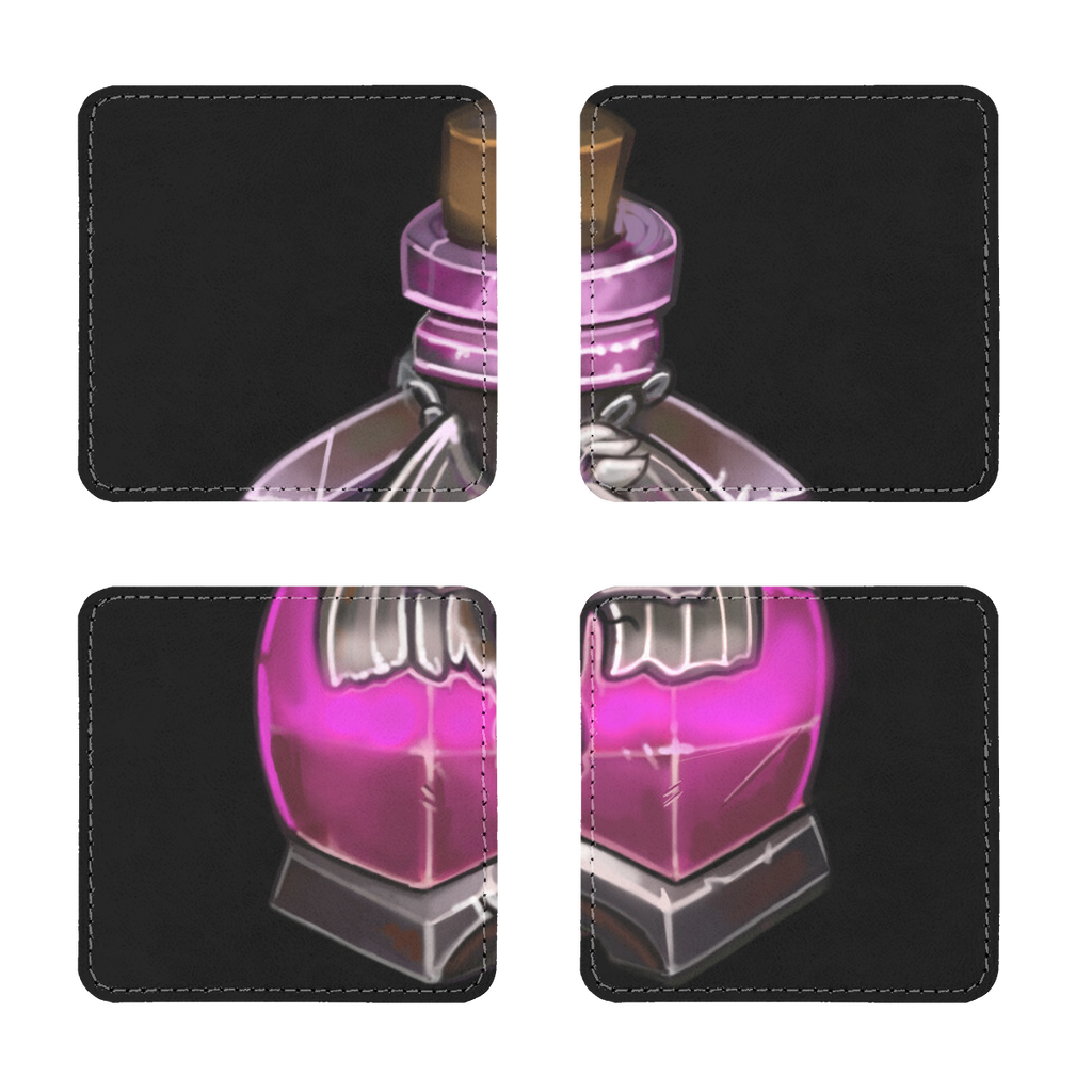 A pack of four Dragon Potion Sublimation Coasters made of PU leather, featuring a white printable face and white stitching, showcasing both square and round designs.