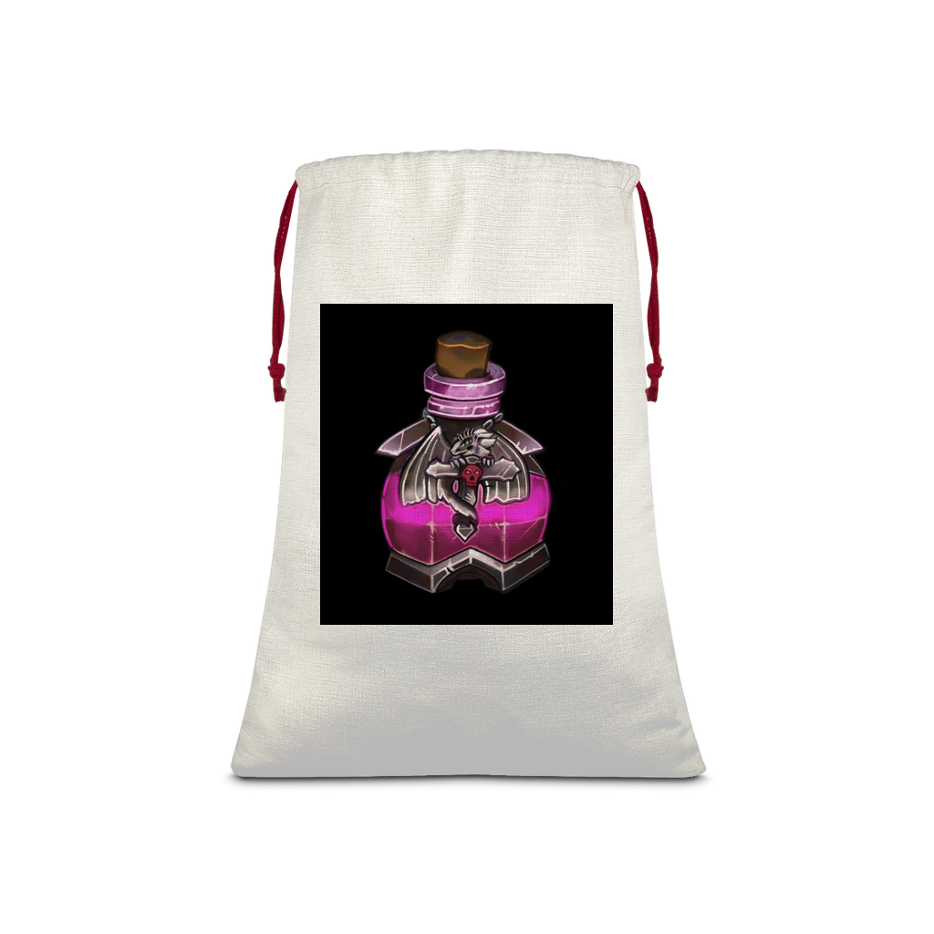 Dragon Potion Sublimation Linen Drawstring Sack with red drawstring, showcasing its linen texture and vibrant design.