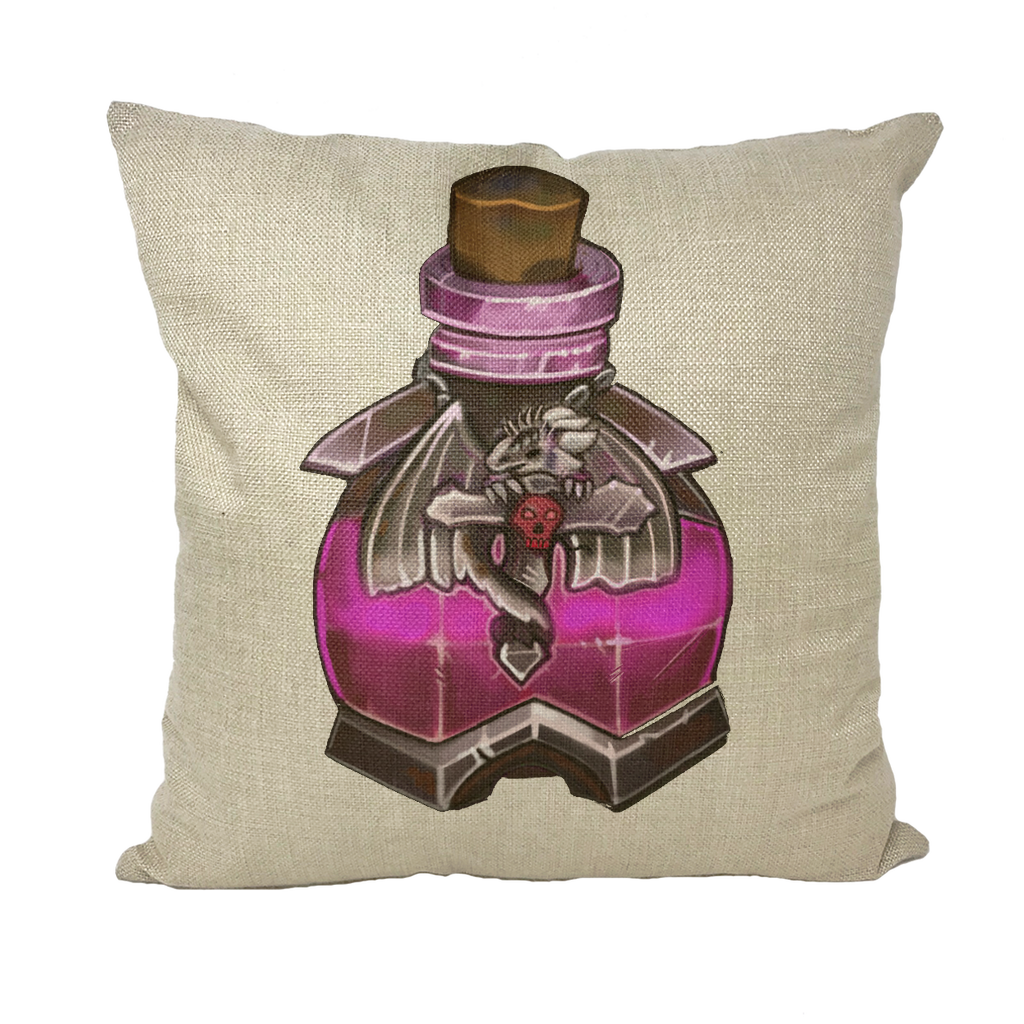Dragon Potion Throw Pillows in various styles including linen, canvas, and suede, showcasing vibrant designs and high-quality materials.