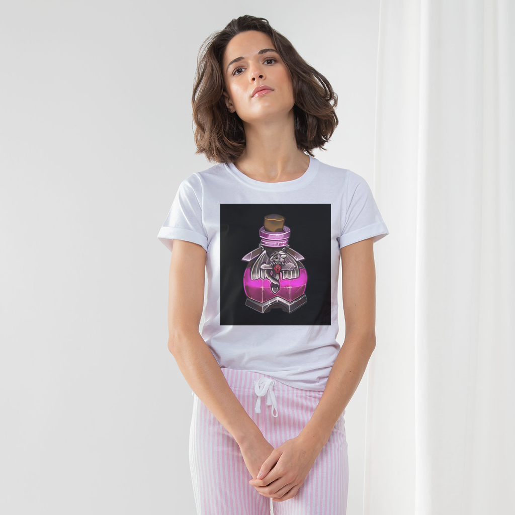 Dragon Potion Women's Long Pant Pyjama Set featuring a white t-shirt, heather grey and light pink striped pants, and a matching drawcord bag.