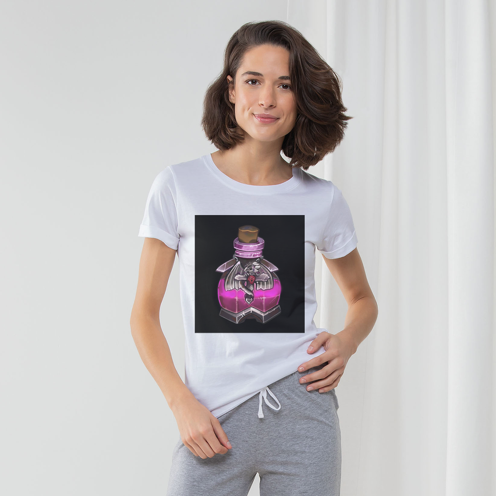 Dragon Potion Women's Long Pant Pyjama Set featuring a white t-shirt, heather grey and light pink striped pants, and a matching drawcord bag.