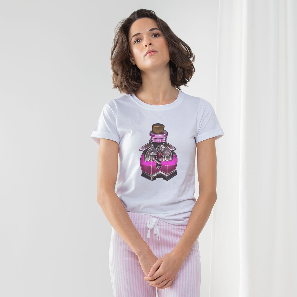 Dragon Potion Women's Long Pant Pyjama Set featuring a white t-shirt, heather grey or light pink striped pants, and a matching drawcord bag.