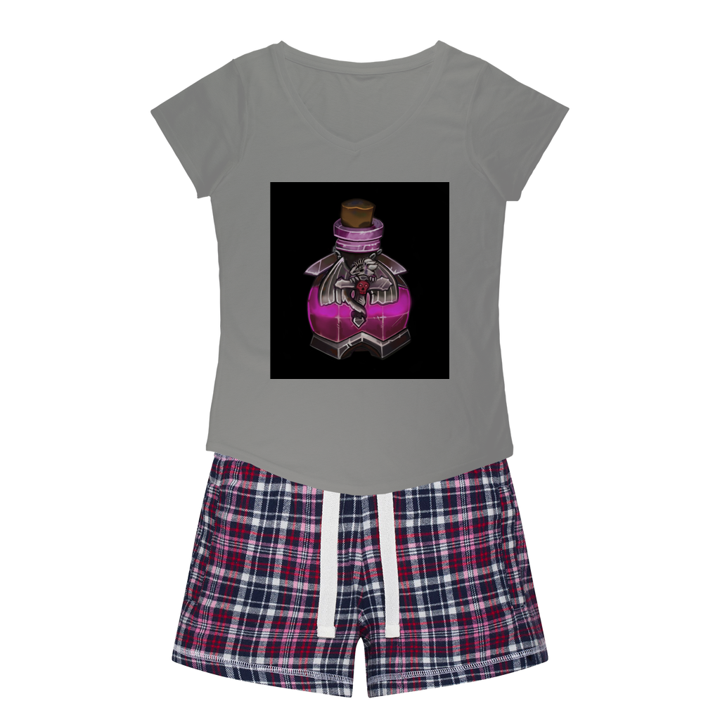 Dragon Potion Women's Sleepy Tee and Flannel Short set featuring a relaxed fit T-shirt and vibrant flannel shorts, perfect for cozy nights.