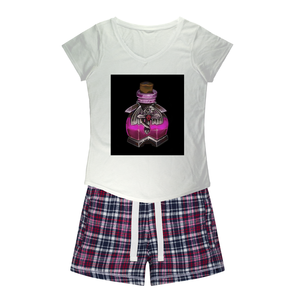 Dragon Potion Women's Sleepy Tee and Flannel Short set featuring a relaxed fit T-shirt and vibrant flannel shorts, perfect for cozy nights.