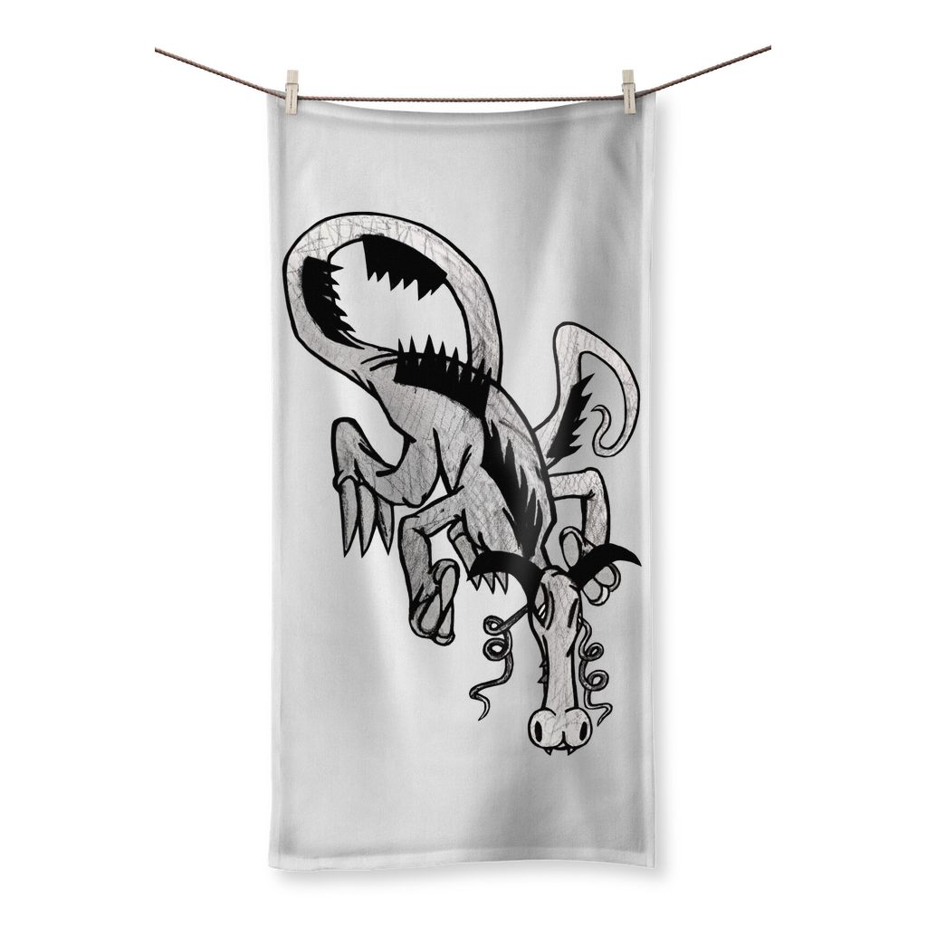 Dragon Sublimation All Over Towel featuring vibrant designs on one side and soft cotton backing for drying.