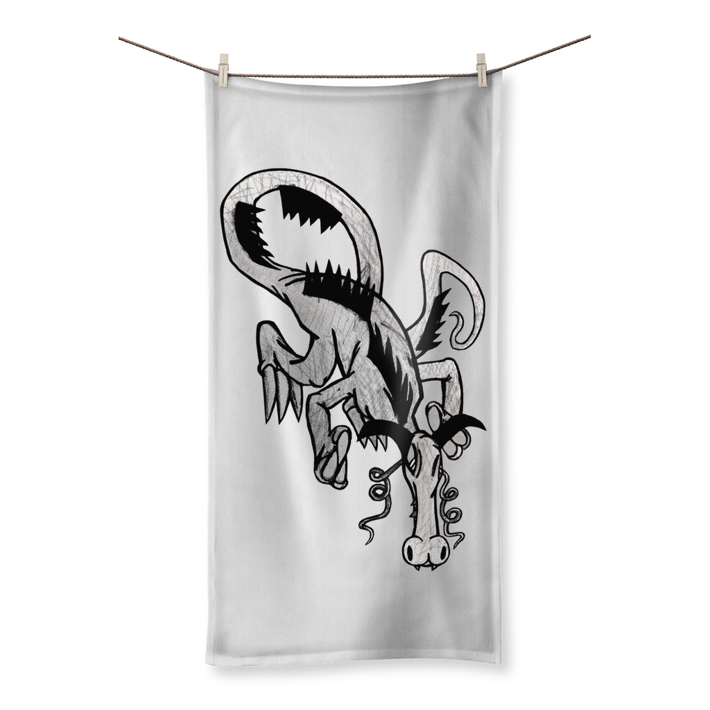 Dragon Sublimation All Over Towel featuring vibrant designs on one side and soft cotton backing for drying.