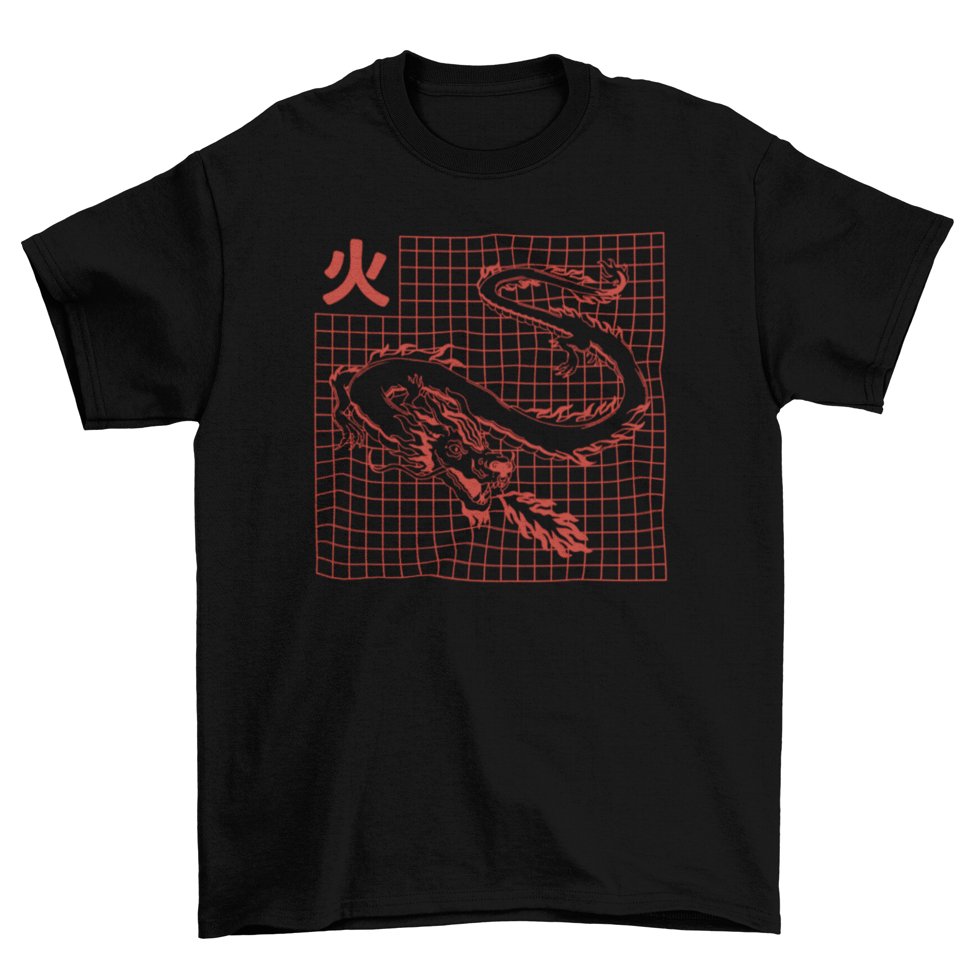 A stylish t-shirt featuring a dragon throwing flames with a gridded background, showcasing vibrant colors and intricate details.