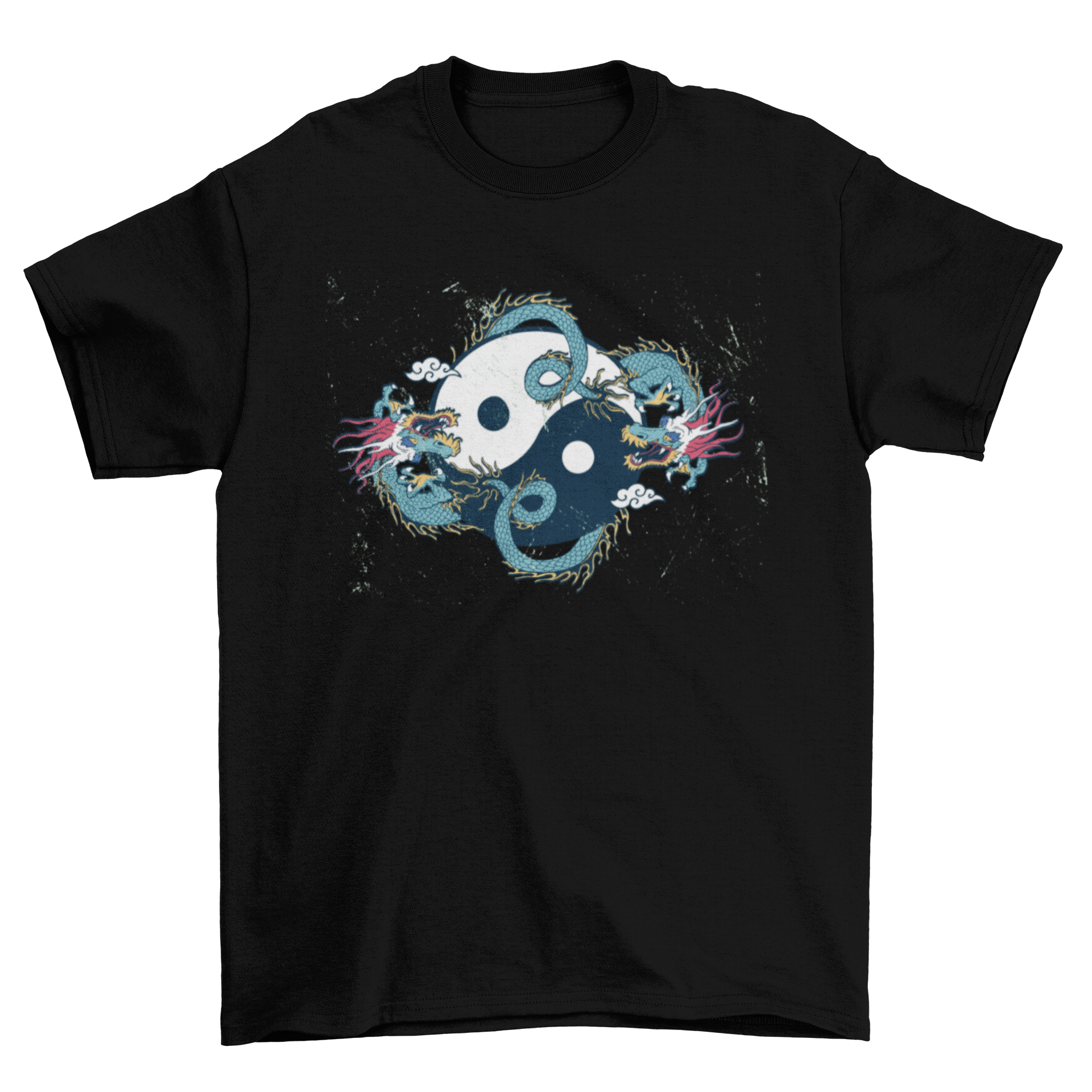 A stylish t-shirt featuring two dragons entwined around a yin yang symbol, showcasing intricate designs and vibrant colors.