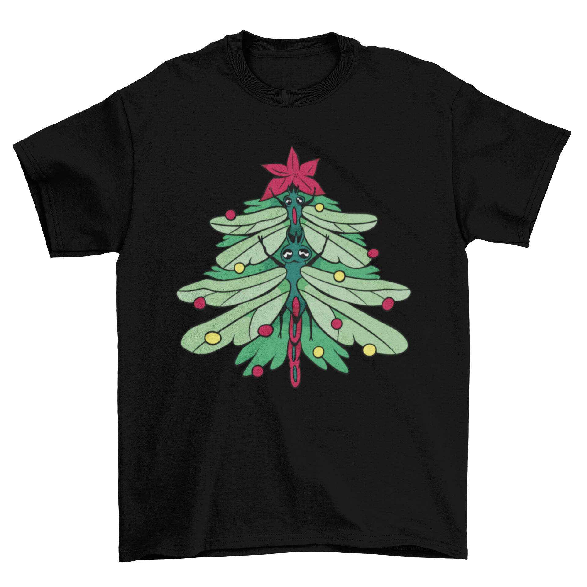 A festive t-shirt featuring a Christmas tree design made from colorful dragonflies, perfect for holiday celebrations.