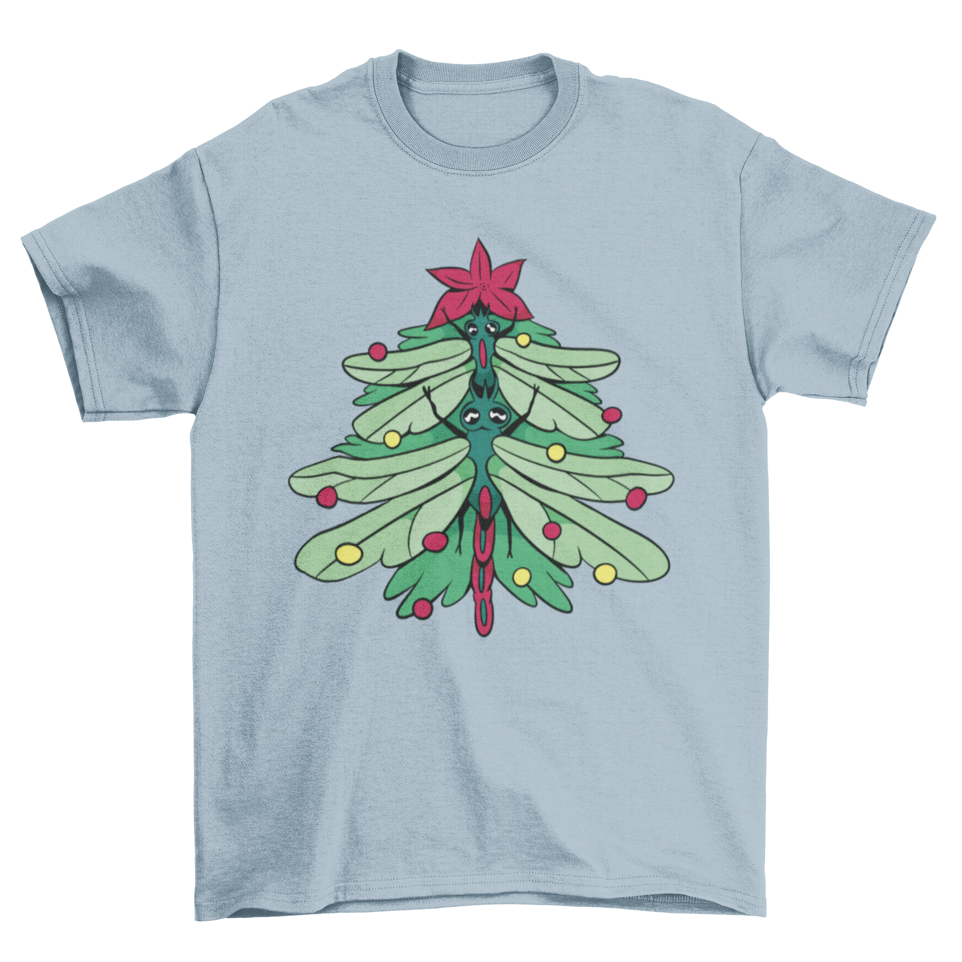 A festive t-shirt featuring a Christmas tree design made from colorful dragonflies, perfect for holiday celebrations.