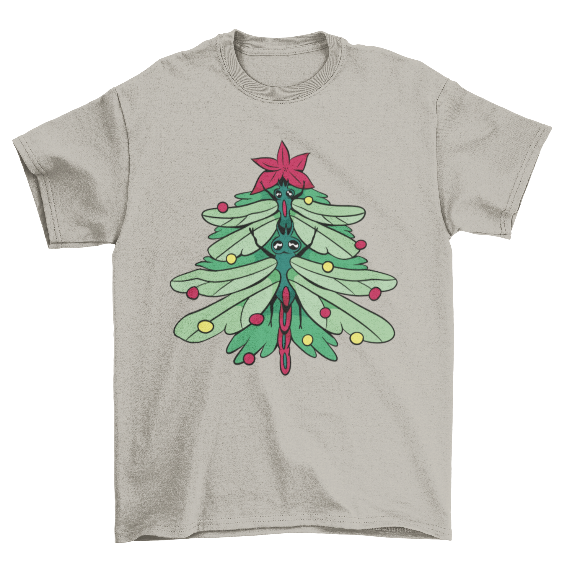 A festive t-shirt featuring a Christmas tree design made from colorful dragonflies, perfect for holiday celebrations.