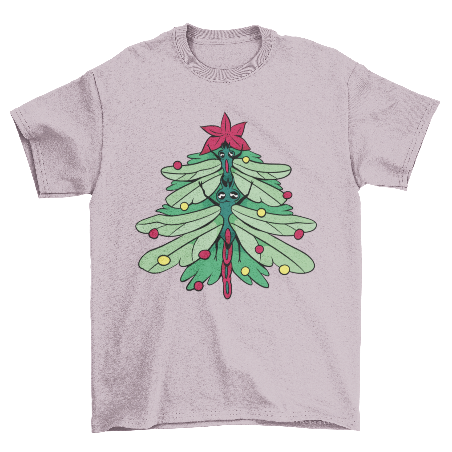 A festive t-shirt featuring a Christmas tree design made from colorful dragonflies, perfect for holiday celebrations.